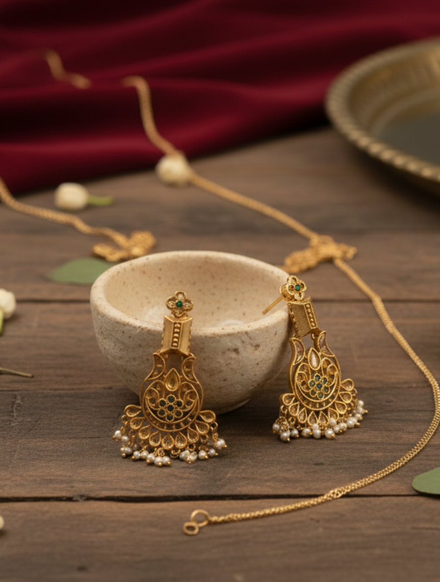 Handcrafted 22K Gold Plated 92.5 Sterling Silver Chandbali Jhumkas with Natural Jade & Seed Pearls