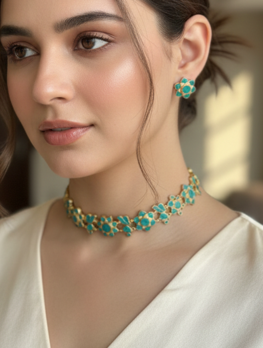 Azure Blossom: Pure Turquoise Choker & Earring Set