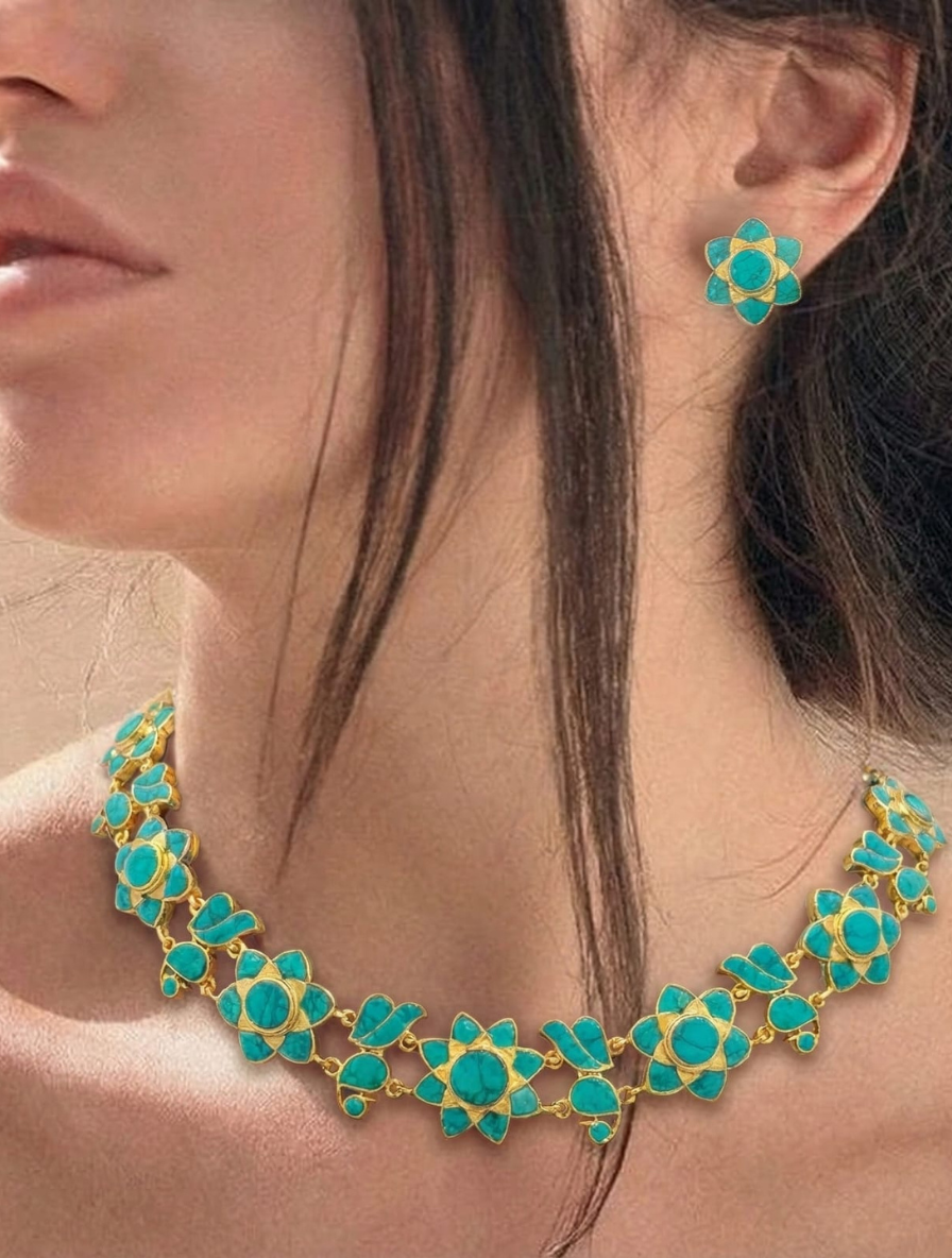 Azure Blossom: Pure Turquoise Choker & Earring Set