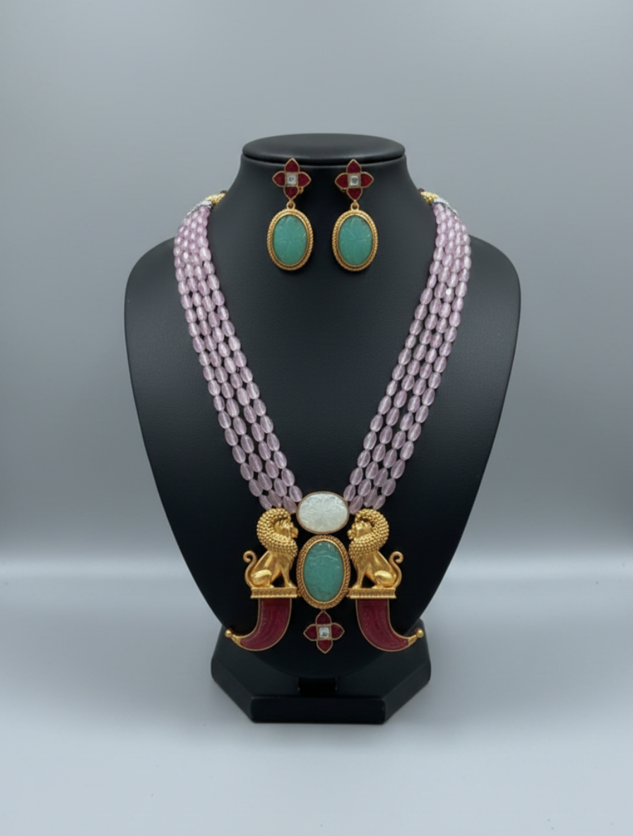 Handcrafted Heritage "Roaring Majesty" Mala Set – Carved Green Onyx & Pink Quartz Tiger Claw Necklace
