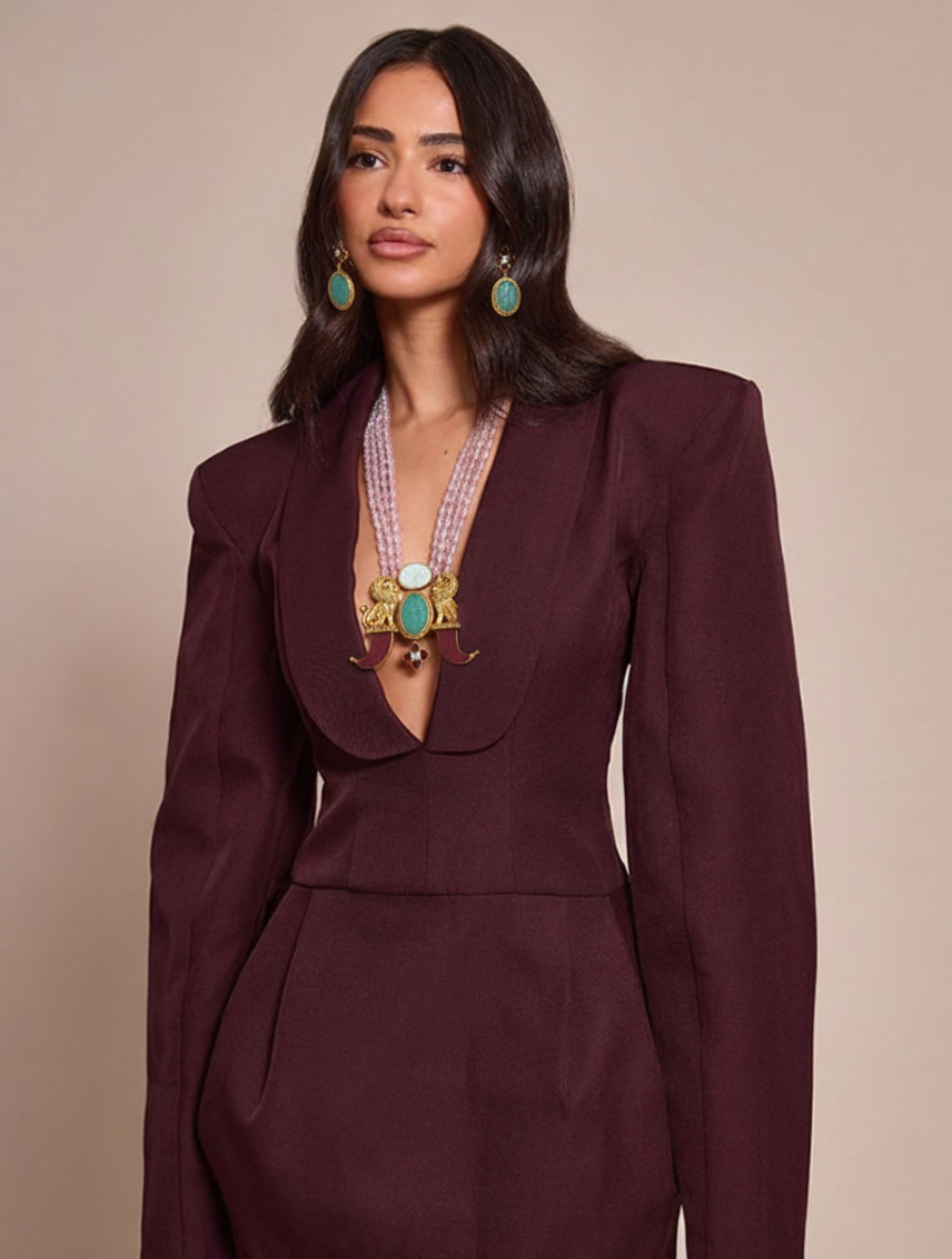 Handcrafted Heritage "Roaring Majesty" Mala Set – Carved Green Onyx & Pink Quartz Tiger Claw Necklace