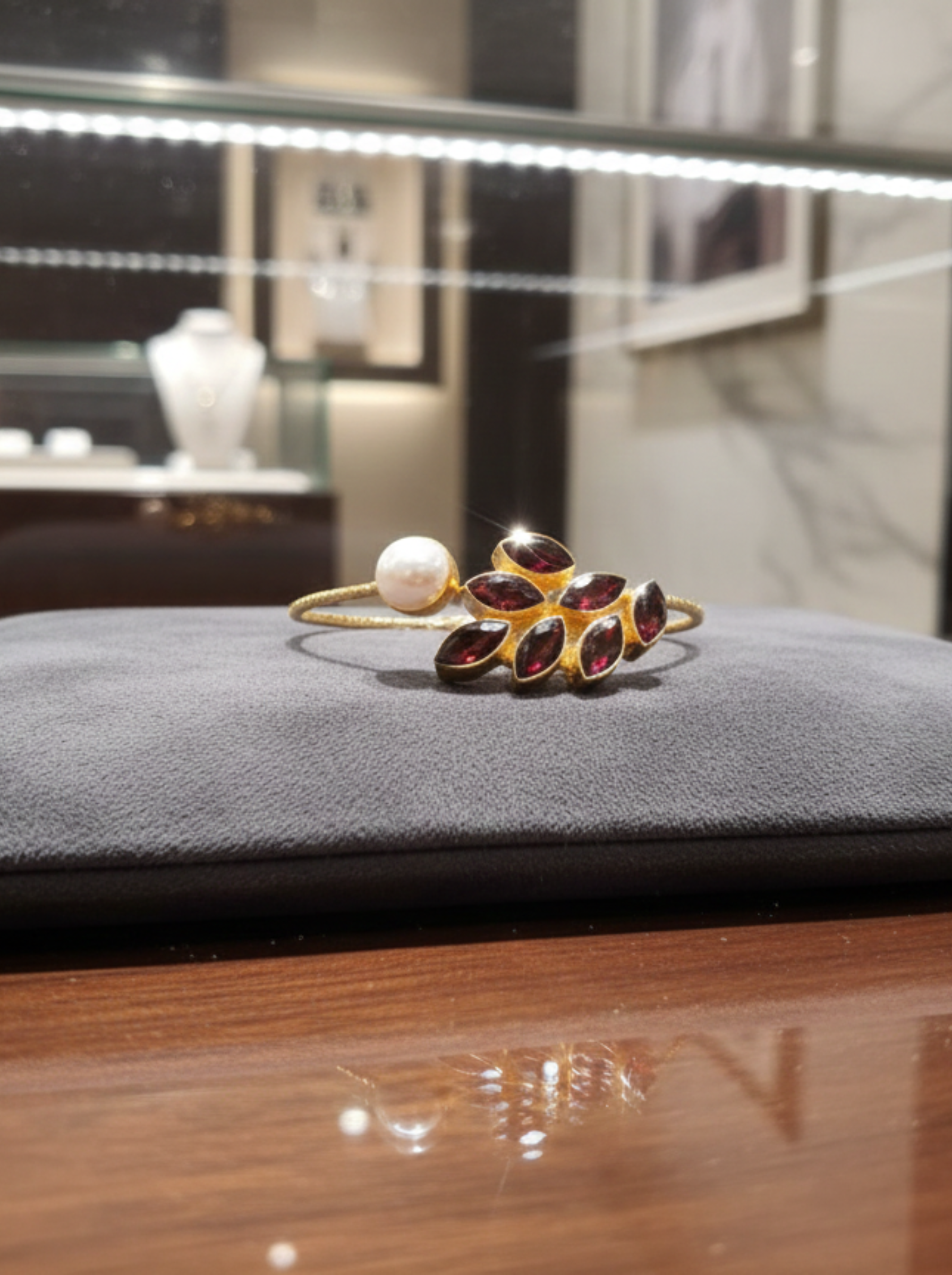 Handcrafted Botanical Bypass Bangle in Gold Plated Silver with Garnet Clusters & Pearl