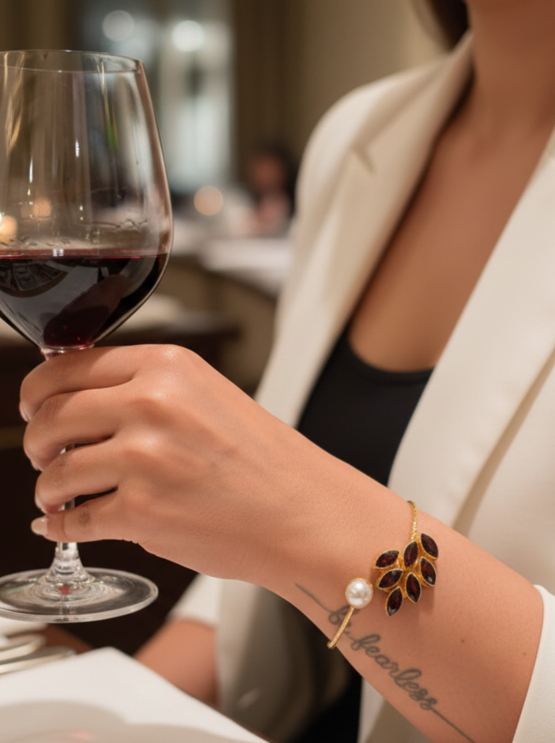 Handcrafted Botanical Bypass Bangle in Gold Plated Silver with Garnet Clusters & Pearl