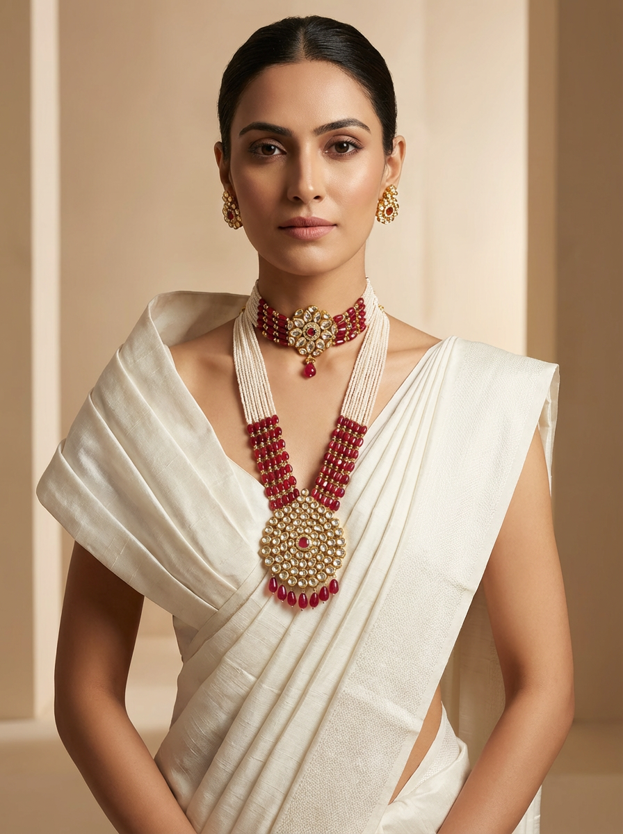 Empress Handcrafted Jadau Kundan Set – Layered Seed Pearl & Ruby Red Bead Necklace with Matching Choker & Earrings