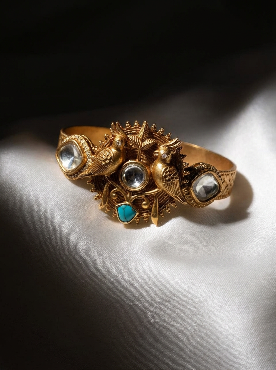 Handcrafted Artisan "Sacred Birds" Statement Cuff with Turquoise & Polki Accents