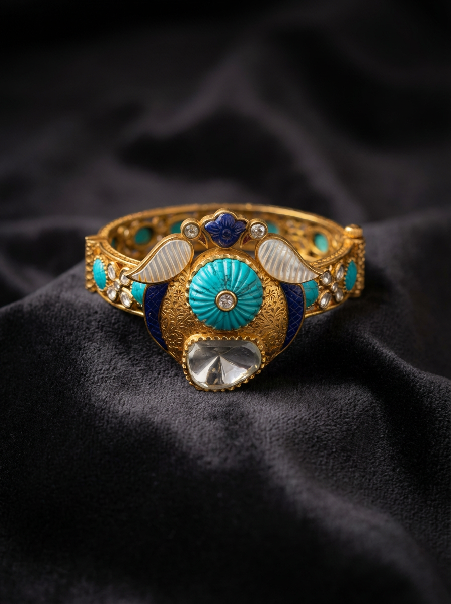 Handcrafted Vintage Heritage Turquoise & Polki Statement Cuff