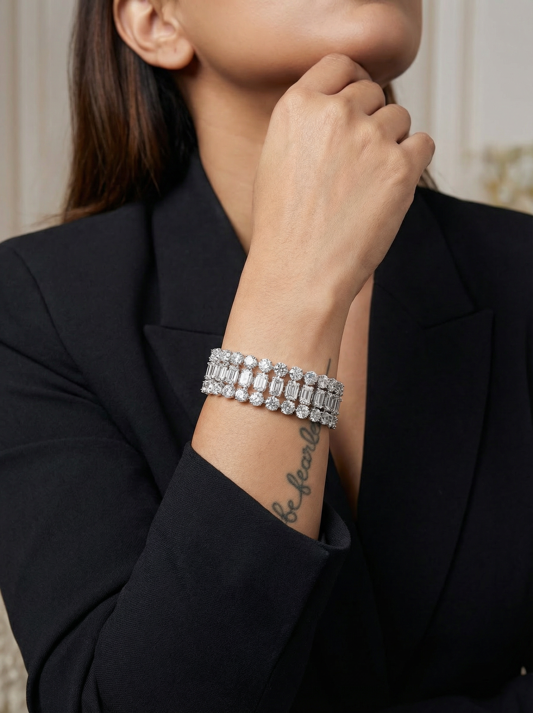 Handcrafted Triple-Row Empress Tennis Bracelet – Emerald & Round Cut Hybrid