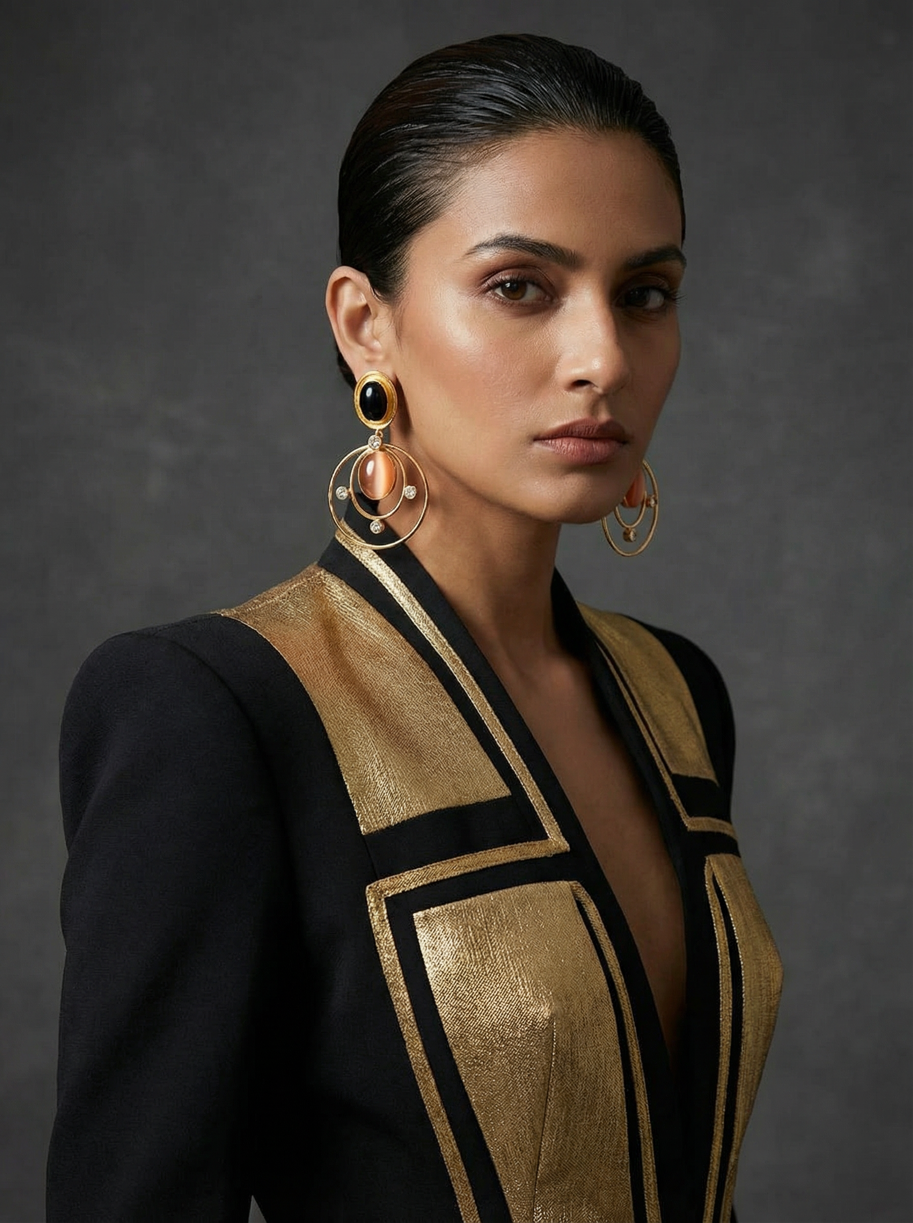 Aurora Handcrafted Celestial Drop Earrings – Onyx & Peach Moonstone