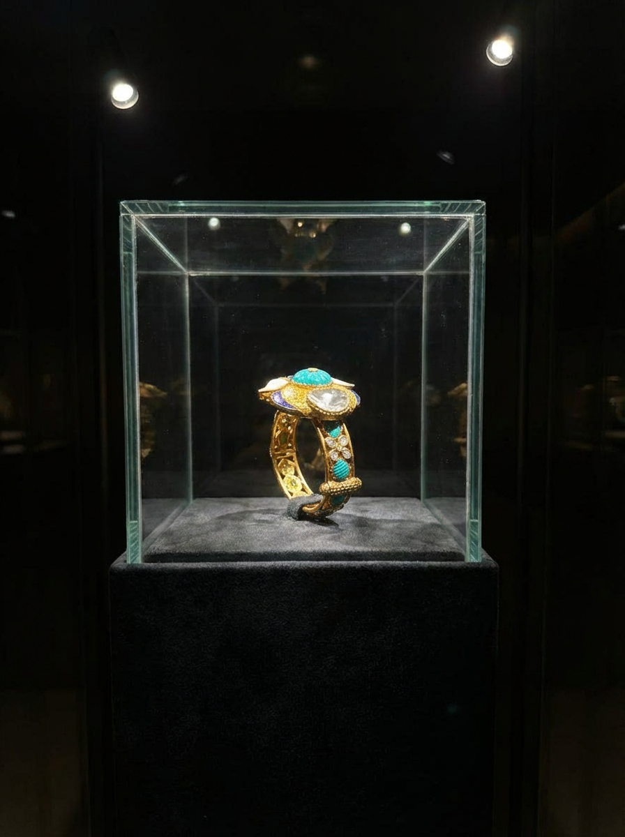 Handcrafted Floral Turquoise & Polki Peacock Kada Bracelet