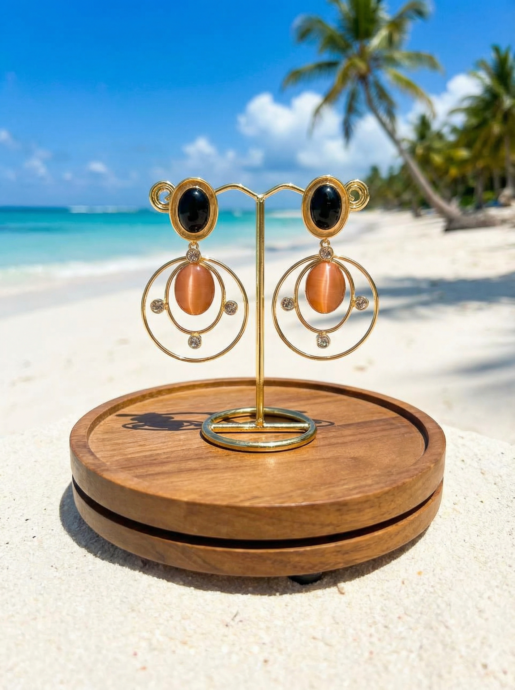 Aurora Handcrafted Celestial Drop Earrings – Onyx & Peach Moonstone