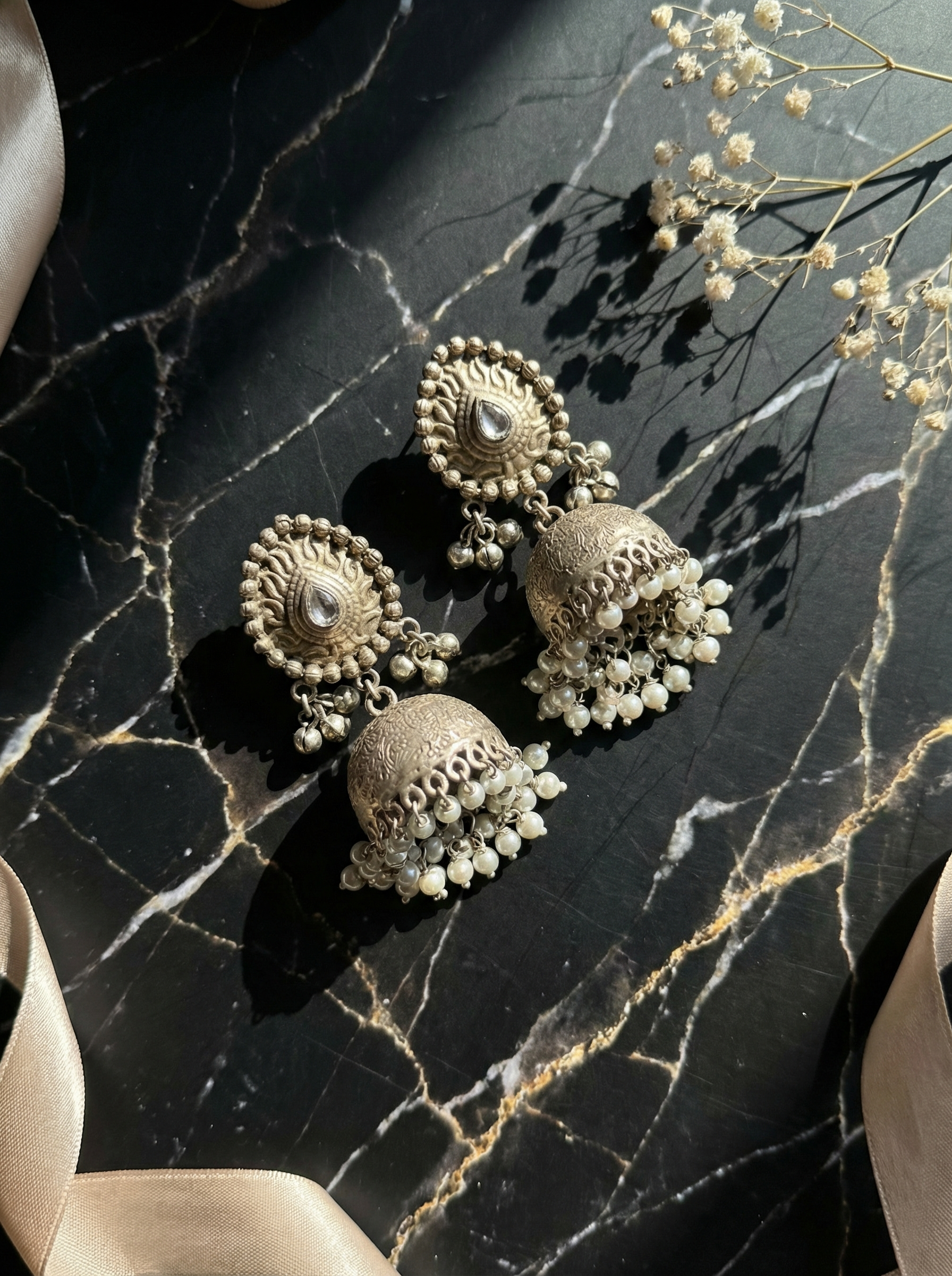 Antique Handcrafted Silver-Tone Jhumka Earrings with Pearl Clusters