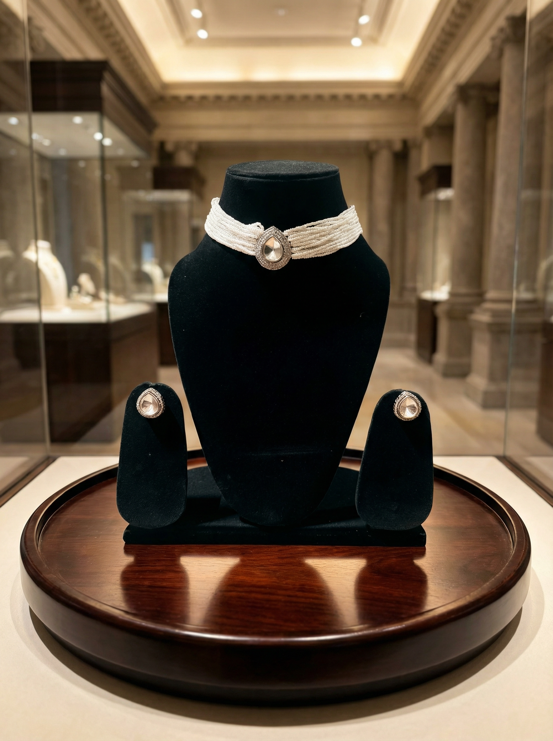 Handcrafted Polki & Seed Pearl Choker Set with Teardrop Medallion