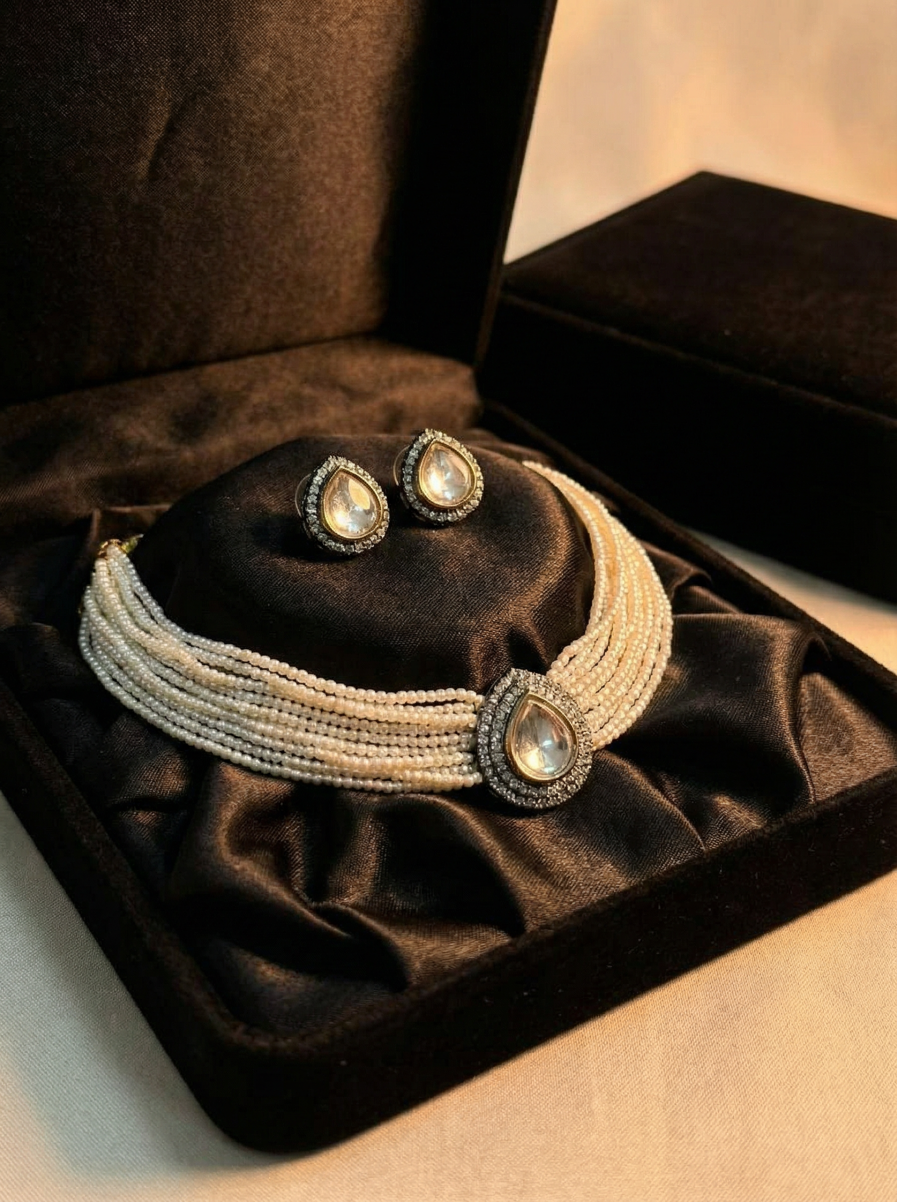 Handcrafted Polki & Seed Pearl Choker Set with Teardrop Medallion