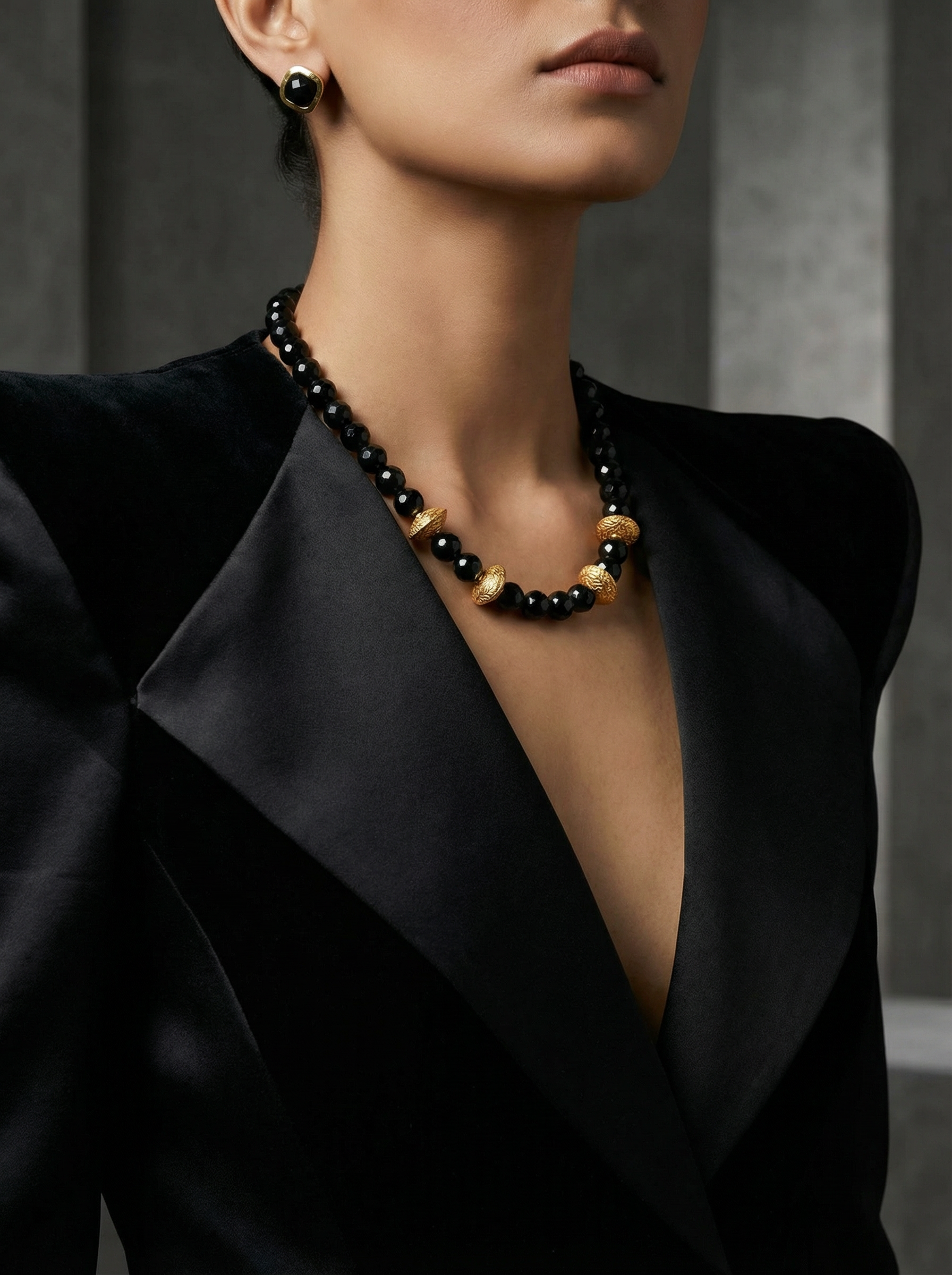 Handcrafted Onyx & Gilded Texture Statement Necklace & Earring Set