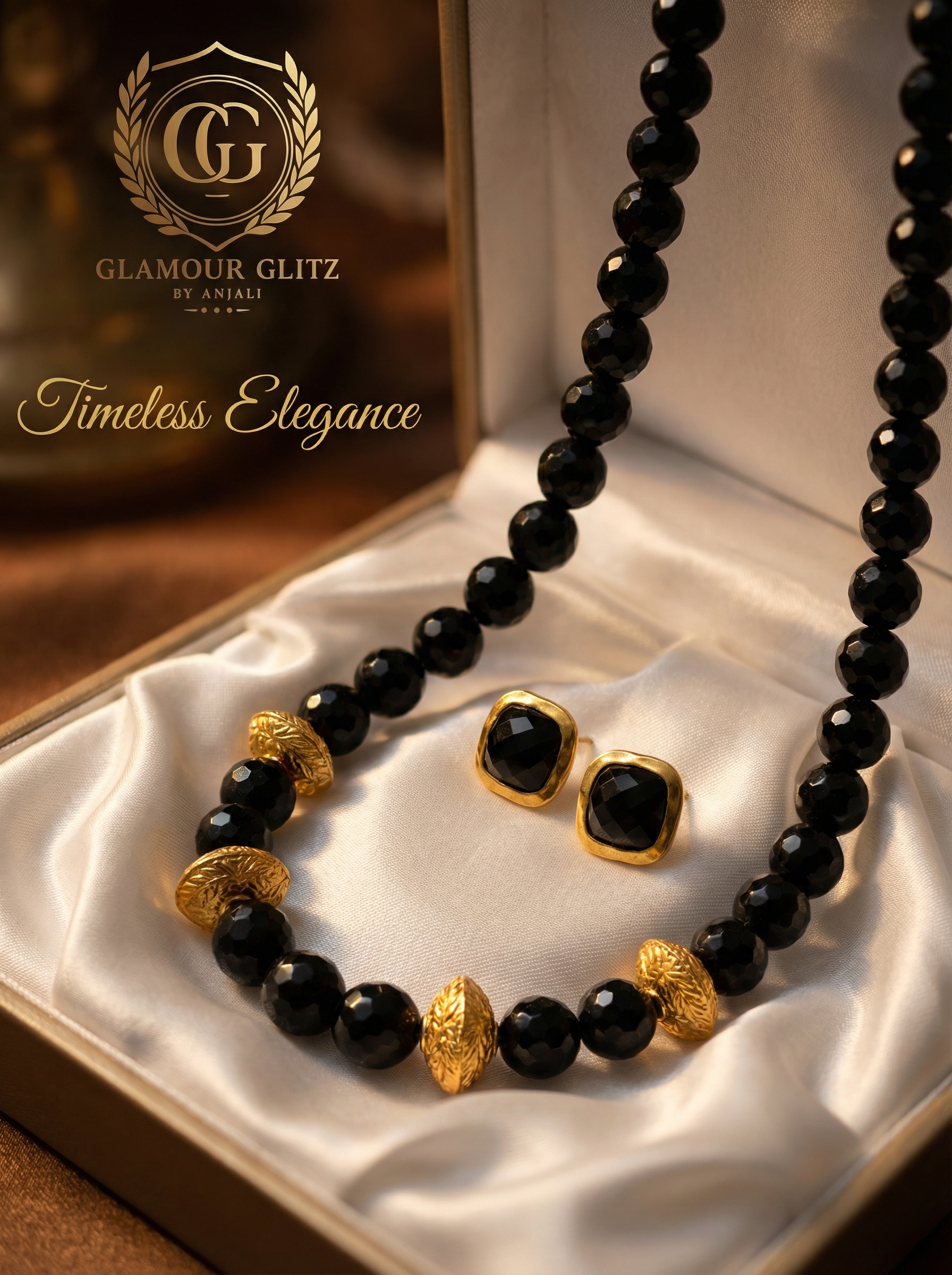 Handcrafted Onyx & Gilded Texture Statement Necklace & Earring Set