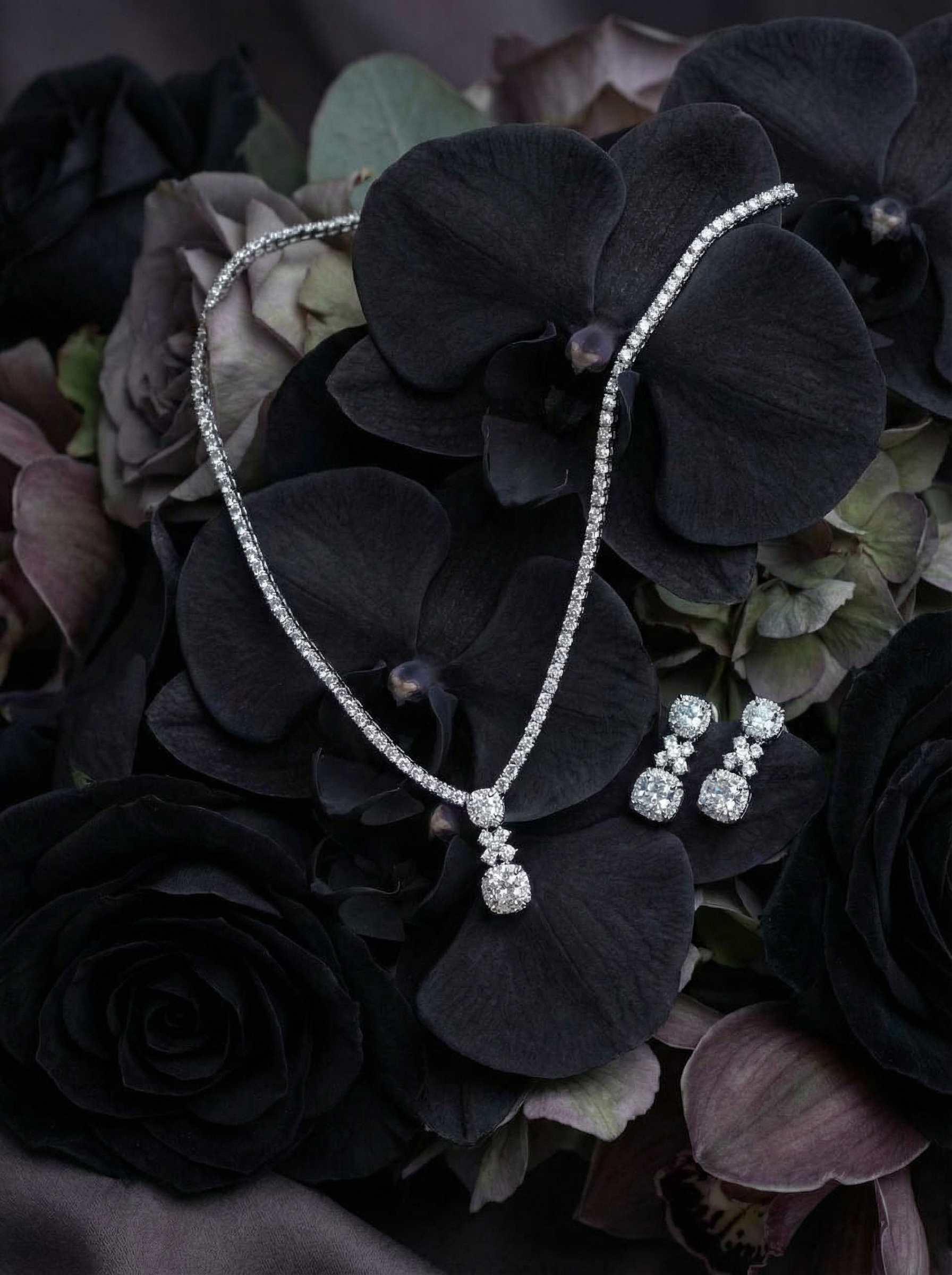 Handcrafted Radiant-Cut Diamond Drop Necklace & Chandelier Earring Set in 18K White Gold