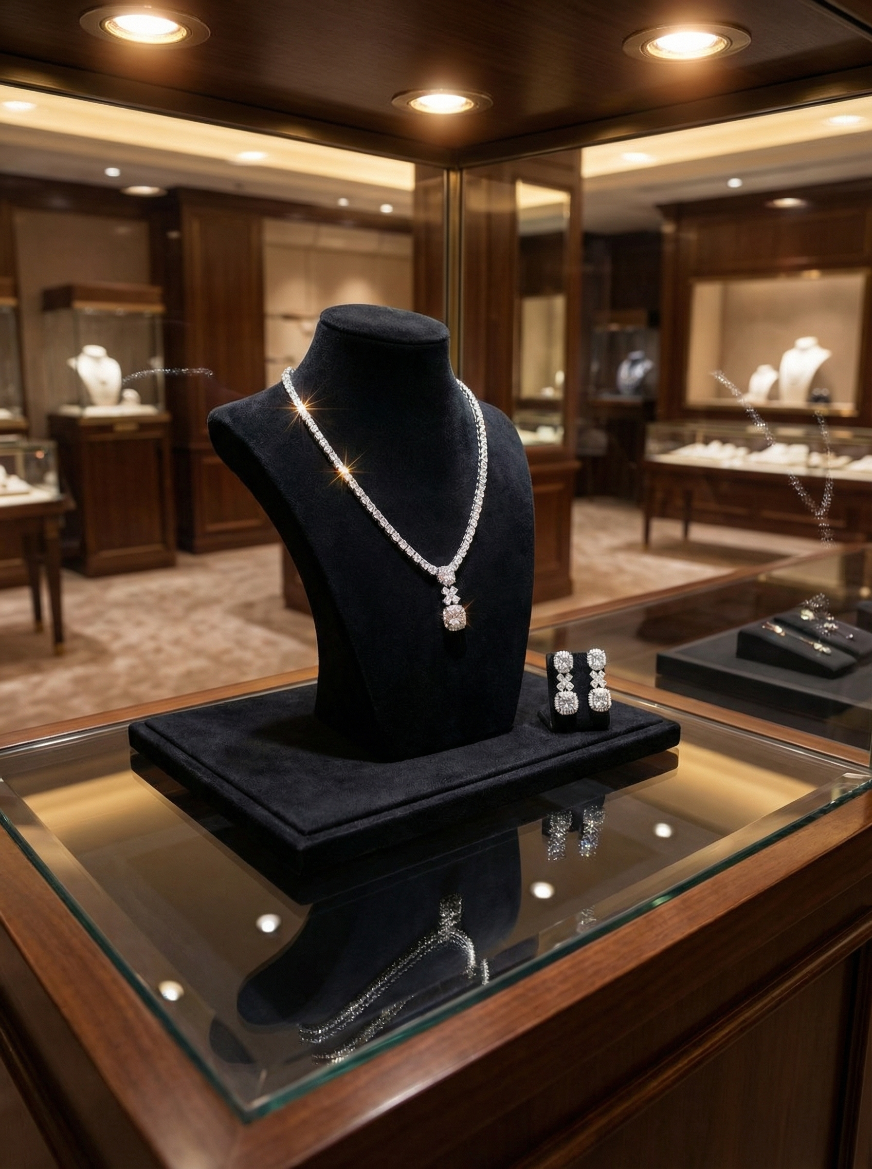 Handcrafted Radiant-Cut Diamond Drop Necklace & Chandelier Earring Set in 18K White Gold