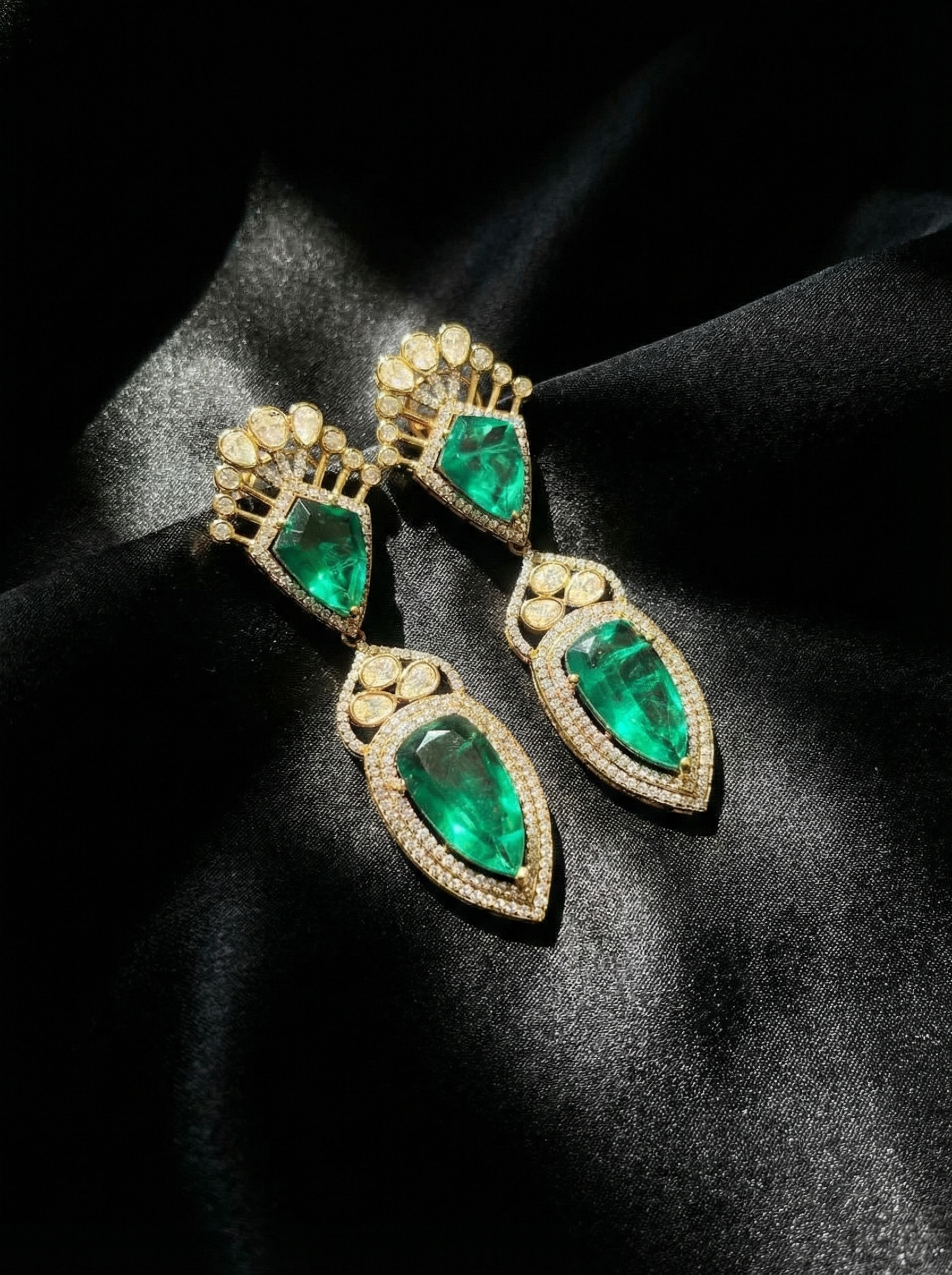 Handcrafted Art Deco Emerald & Diamond Statement Drop Earrings
