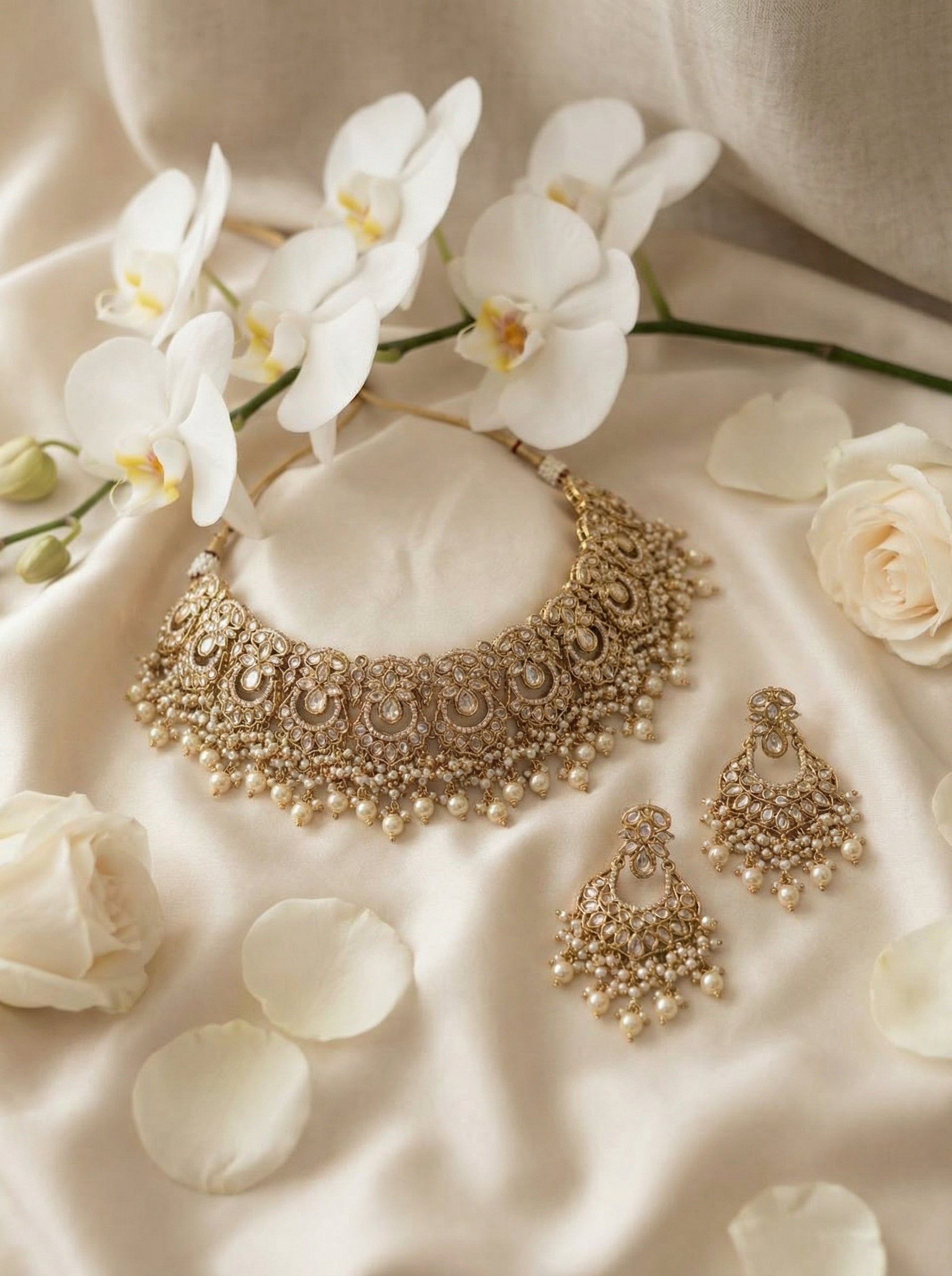 Regal Handcrafted Kundan Polki Choker Set – Antique Gold & Pearl Drops