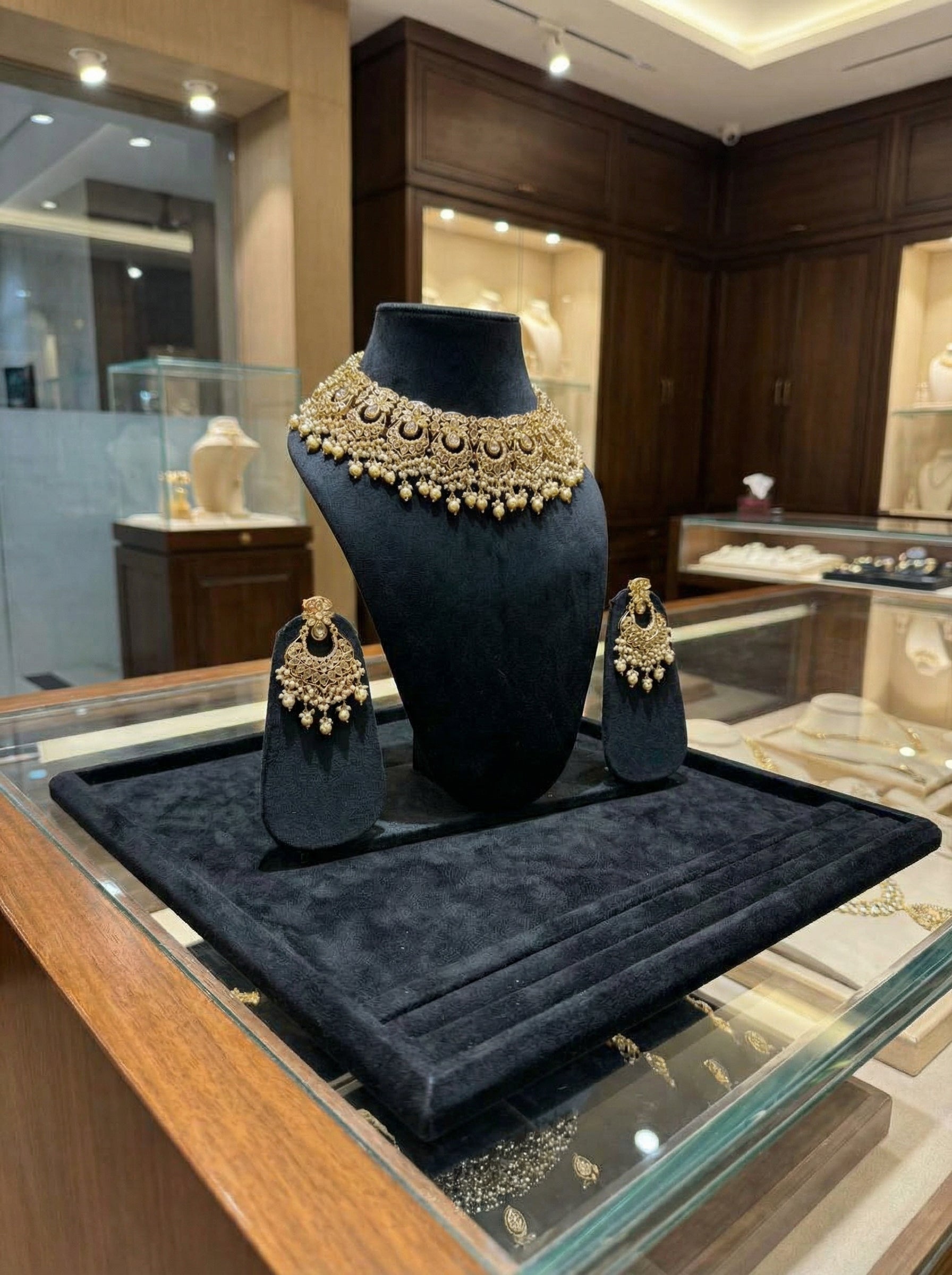 Regal Handcrafted Kundan Polki Choker Set – Antique Gold & Pearl Drops