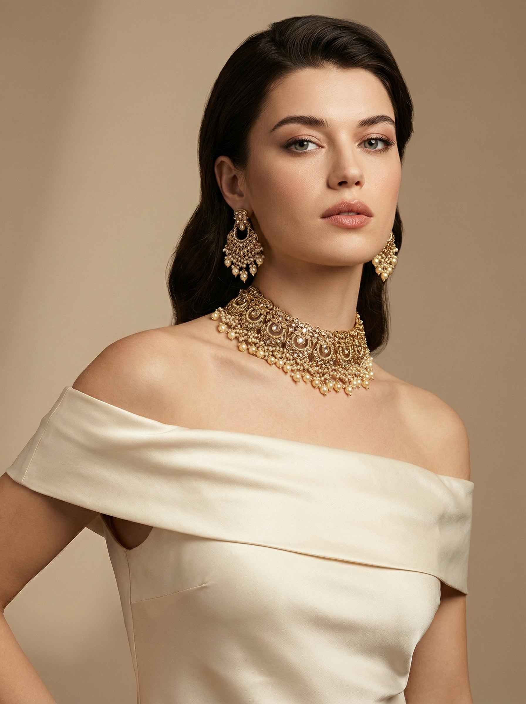 Regal Handcrafted Kundan Polki Choker Set – Antique Gold & Pearl Drops