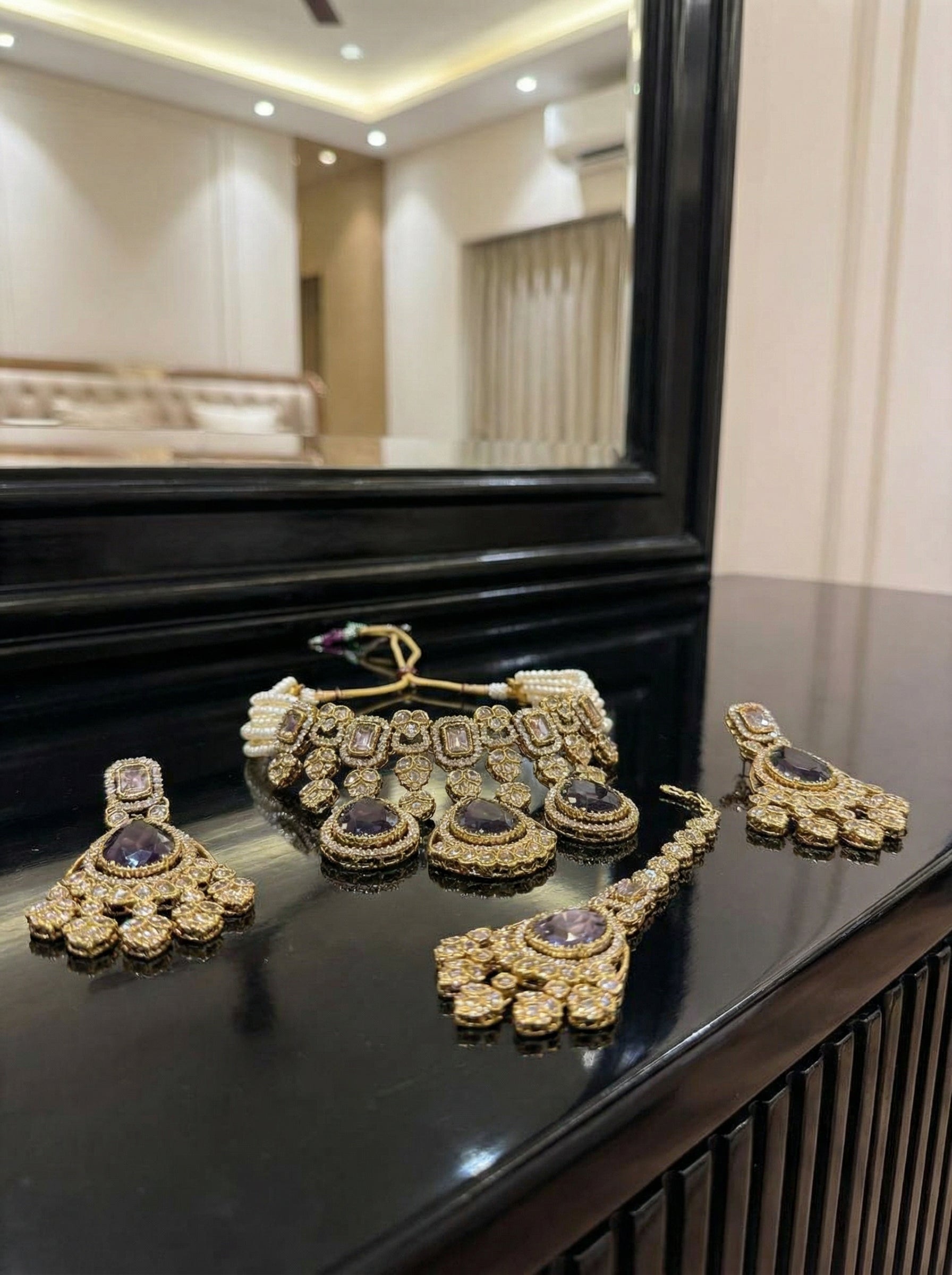 Handcrafted Antique Gold Polki & Deep Mauve Stone Necklace Set with Maang Tikka - Bridal & Festive Edition