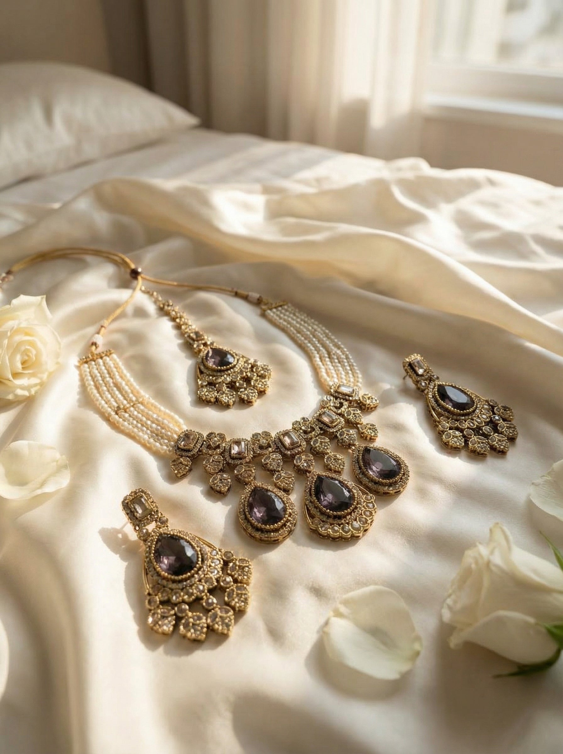 Handcrafted Antique Gold Polki & Deep Mauve Stone Necklace Set with Maang Tikka - Bridal & Festive Edition