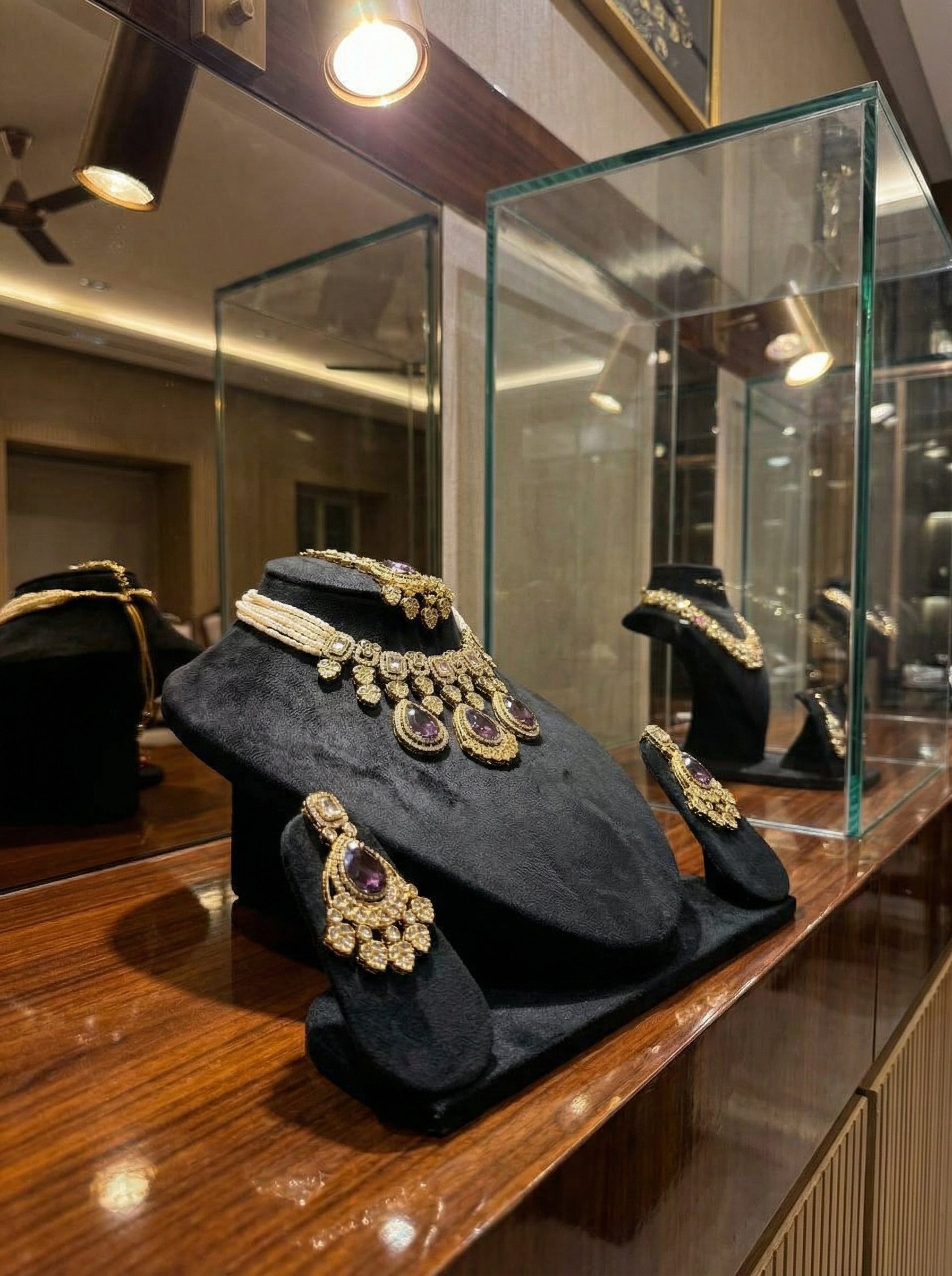 Handcrafted Antique Gold Polki & Deep Mauve Stone Necklace Set with Maang Tikka - Bridal & Festive Edition