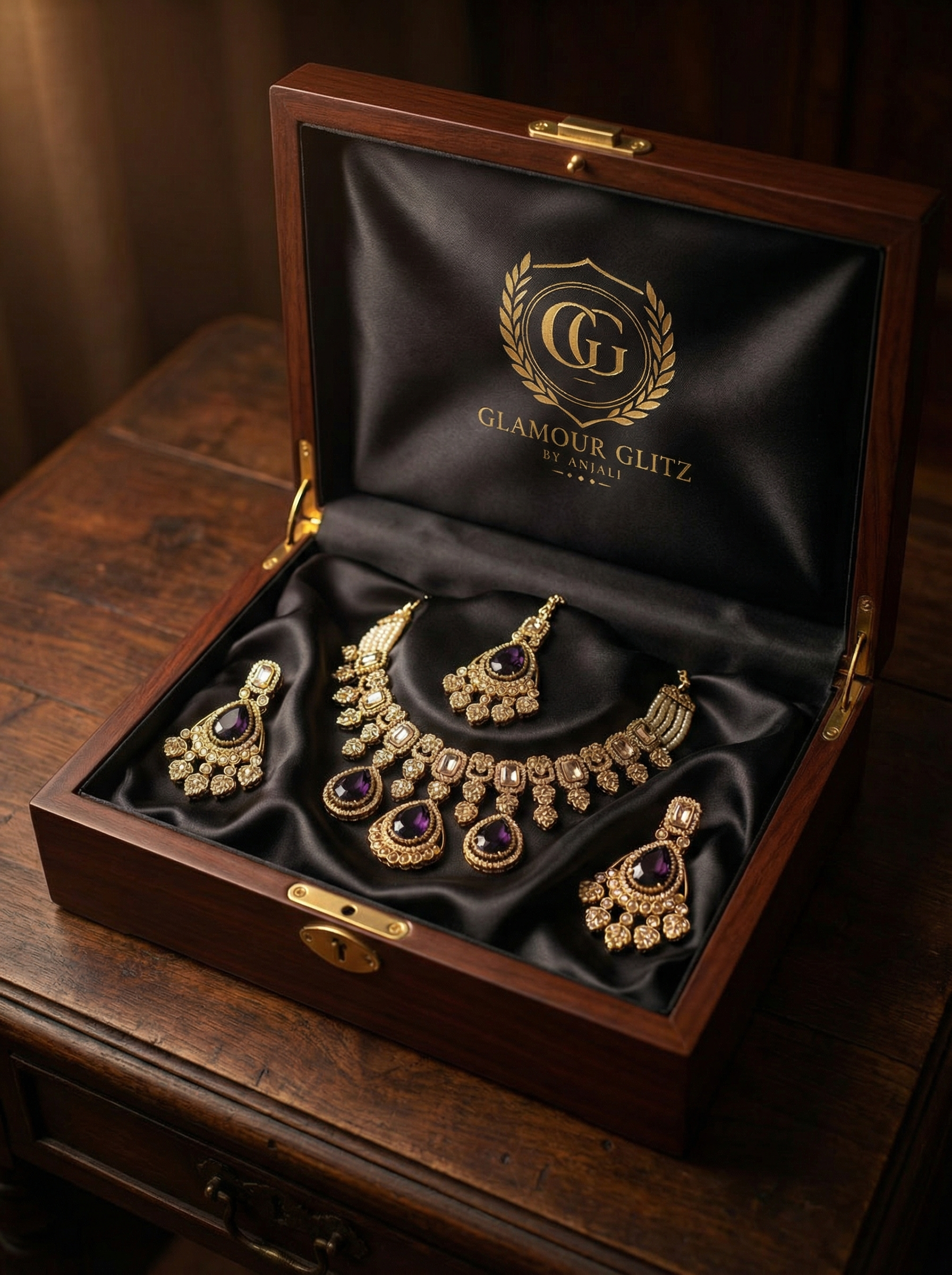 Handcrafted Antique Gold Polki & Deep Mauve Stone Necklace Set with Maang Tikka - Bridal & Festive Edition
