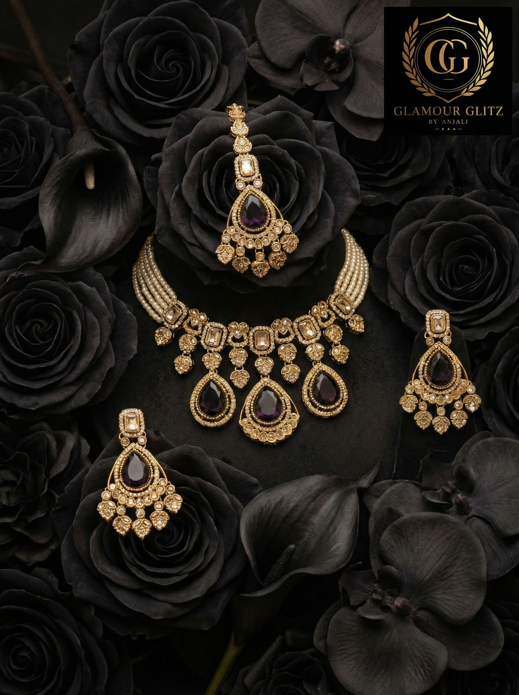 Handcrafted Antique Gold Polki & Deep Mauve Stone Necklace Set with Maang Tikka - Bridal & Festive Edition