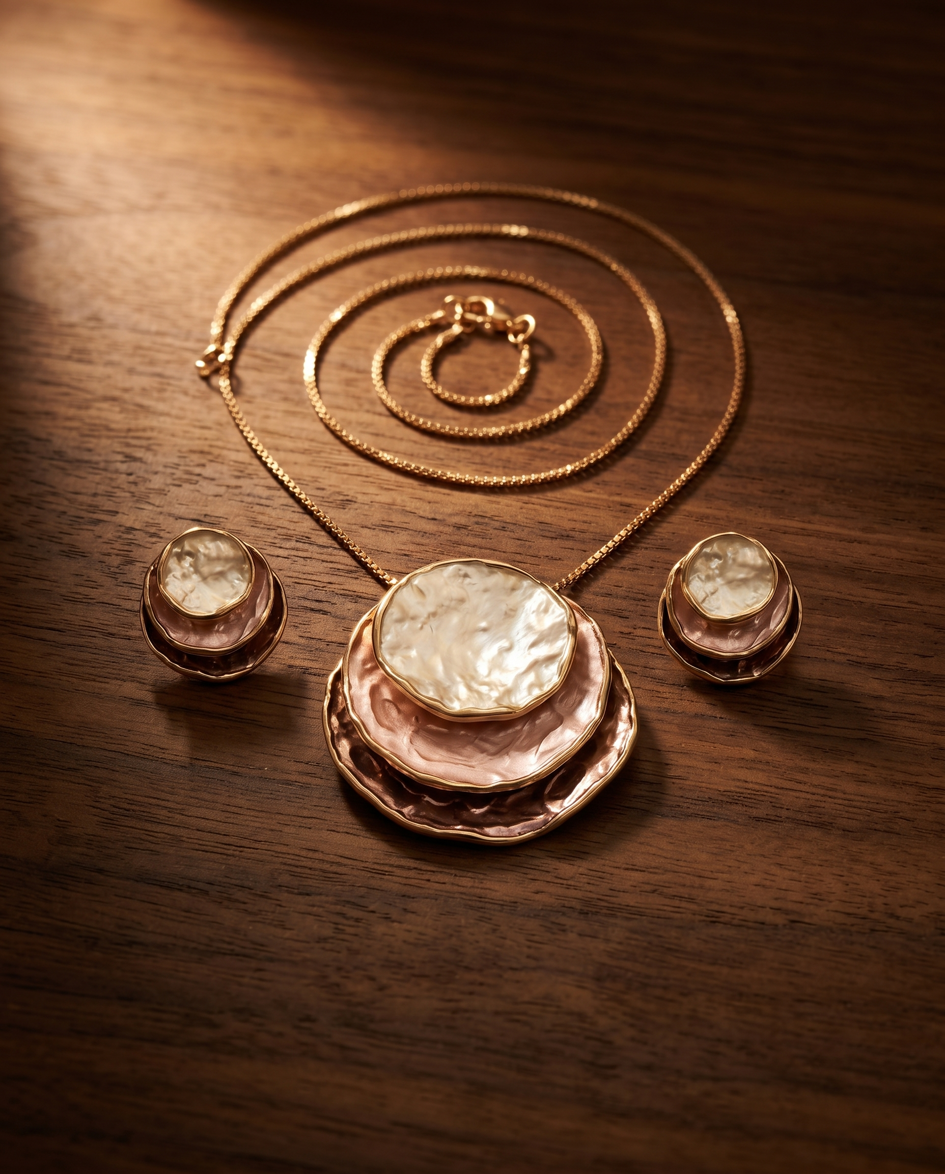Halcyon Layered Medallion Set hero on polished dark walnut