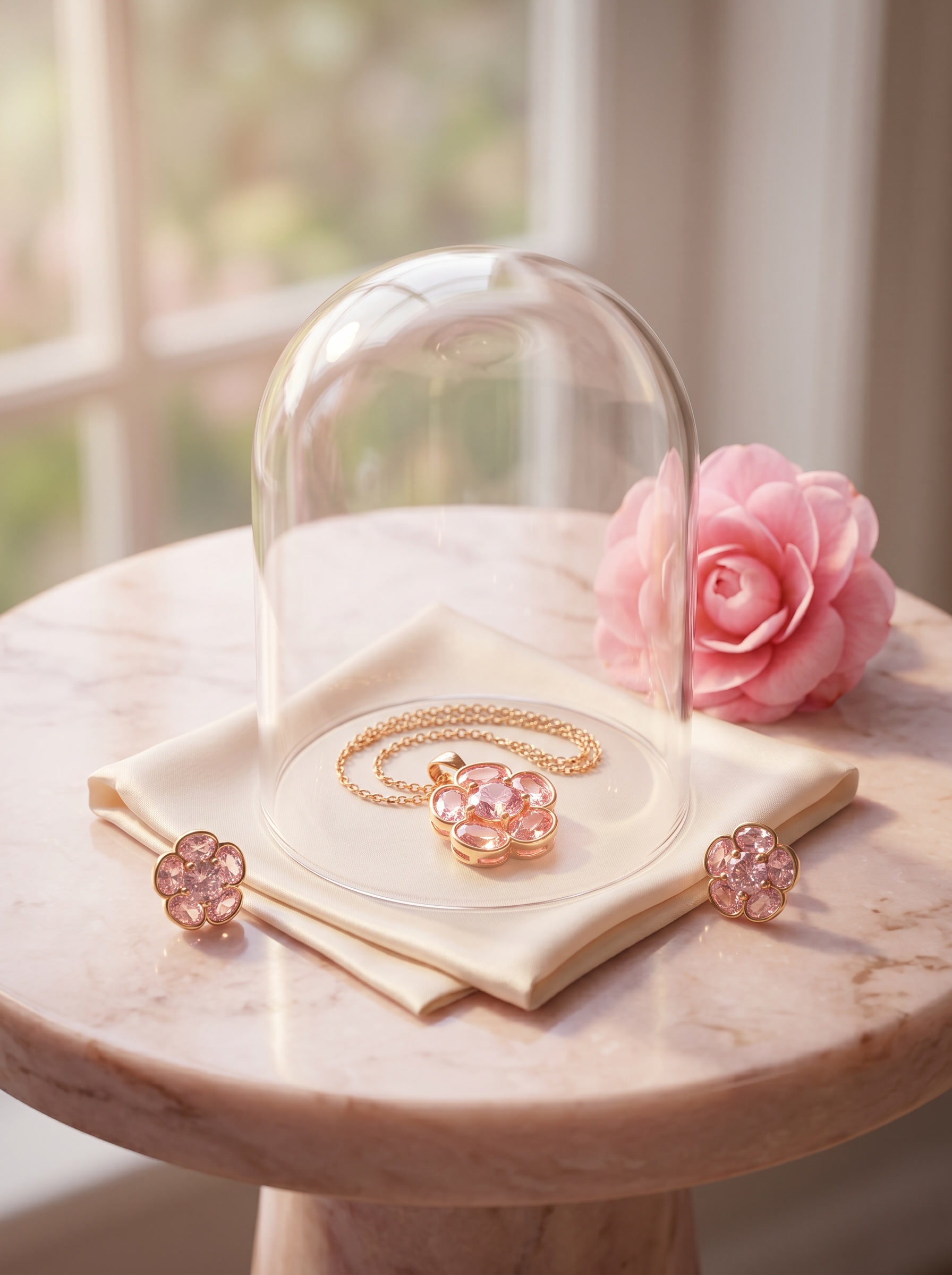 Pink Camellia pendant under a clear glass bell jar on pale-pink marble with fresh camellia bloom