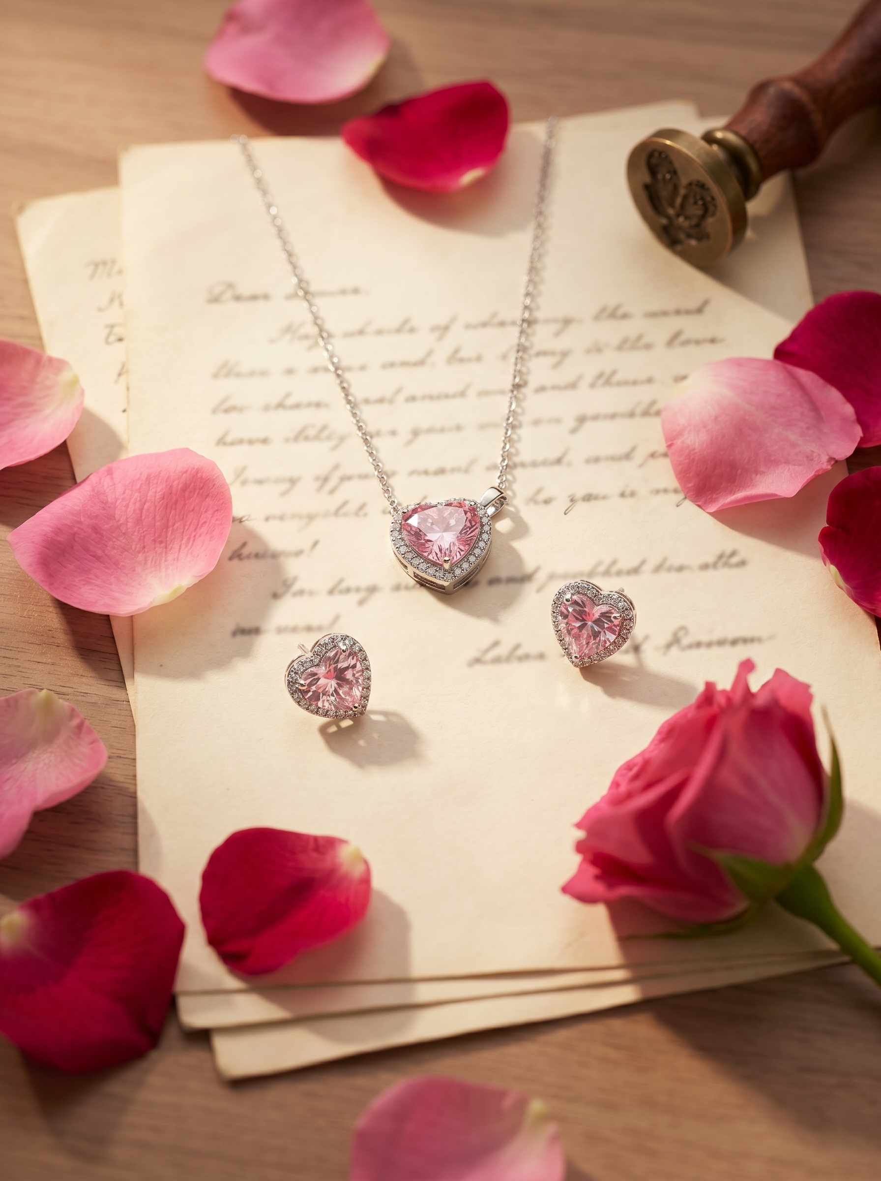 Sweetheart Halo Set on vintage love letters with rose petals and wax-seal stamp