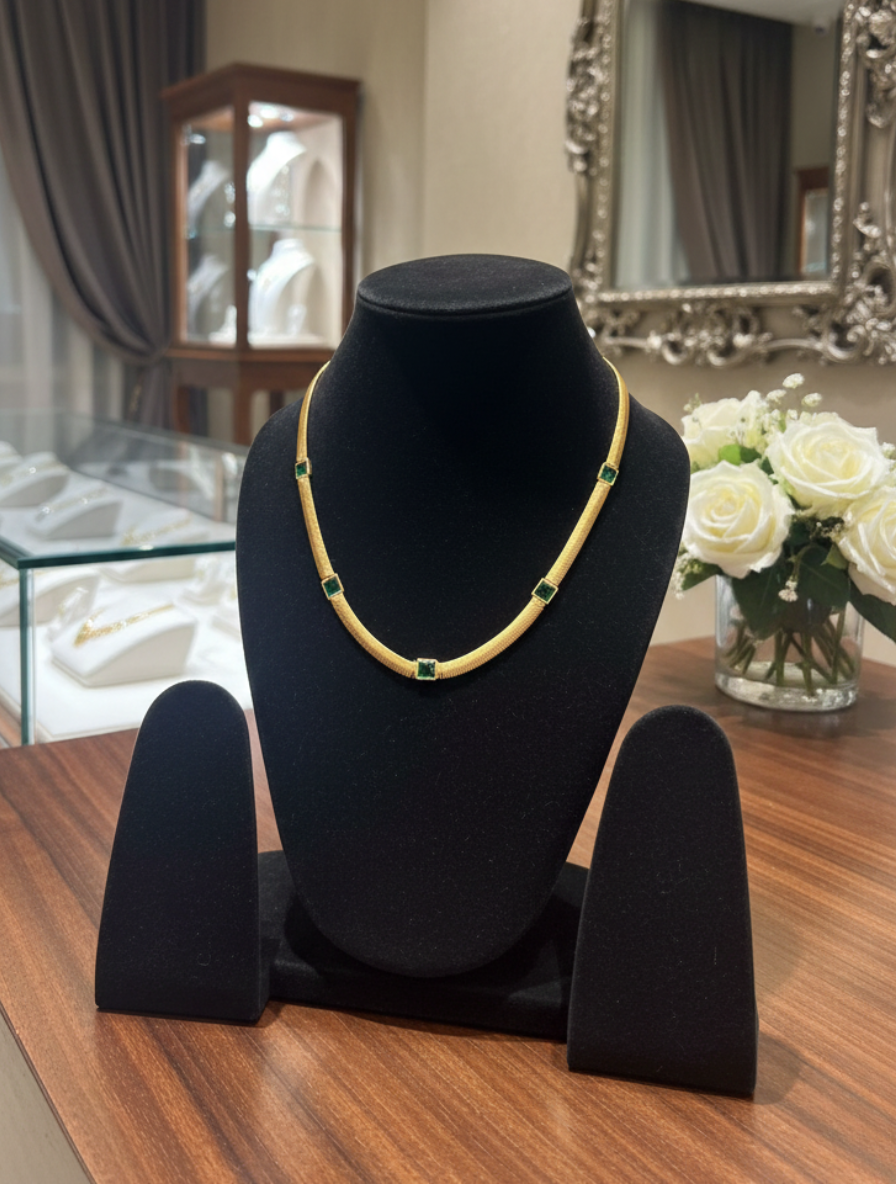 The Emerald Horizon: Handcrafted 18k Gold Plated Tubogas Station Necklace