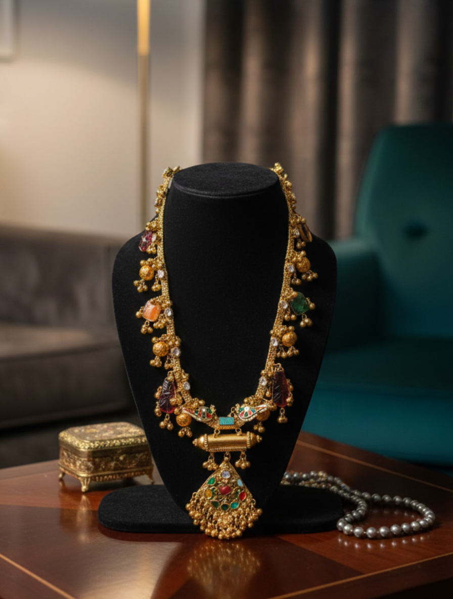 Heritage Navratna Rani Haar – Handcrafted Antique Gold Temple Necklace with Healing Astral Gemstones