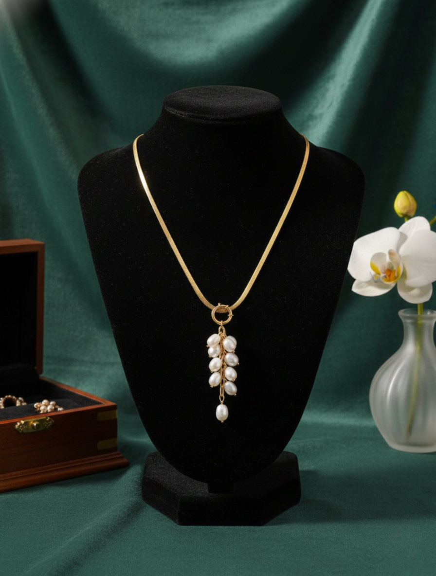 Lustrous Cascade: Pure Real Pearl Droplet Necklace