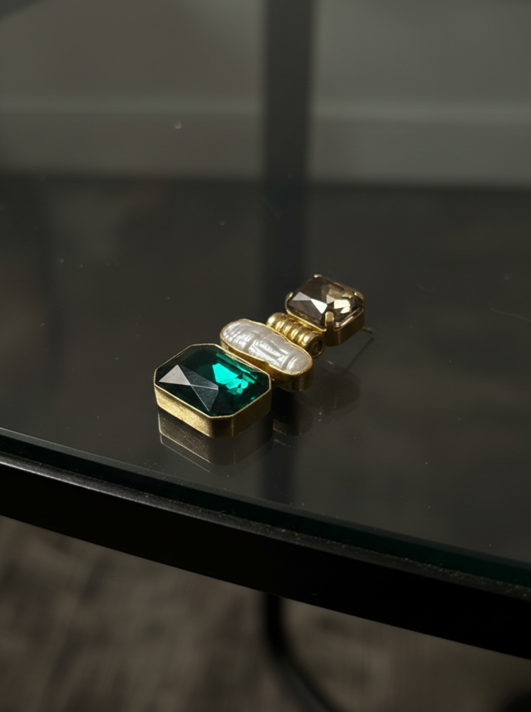 Handcrafted Emerald & Smoky Topaz Tiered Earrings | Baroque Pearl Statement Dangles