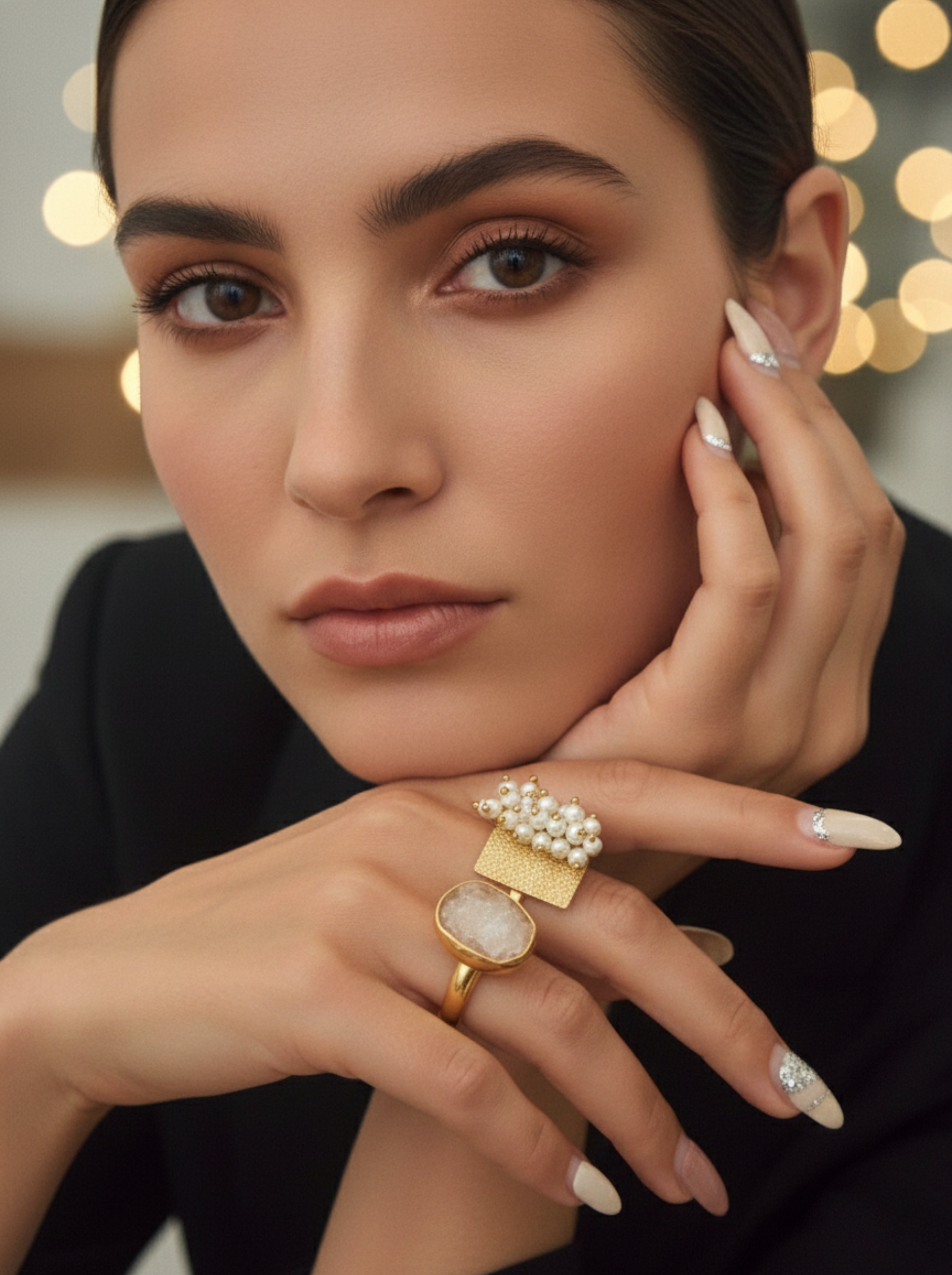 The "Celestial Duo" Handcrafted Statement Ring – Artisan Quartz & Pearl Toi et Moi