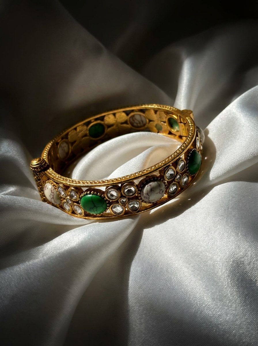 Handcrafted Royal Antique Gold Kada Bracelet with Green & Marbled Stones - Image 4