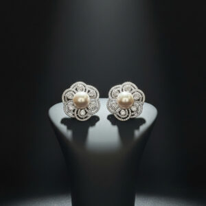Handcrafted Petal-Lace Diamond Studs with Luminous Pearl Centers