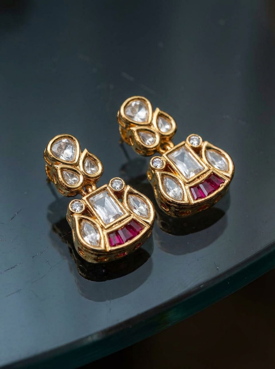 Handcrafted Vintage-Style Kundan & Ruby Drop Statement Earrings - Image 4