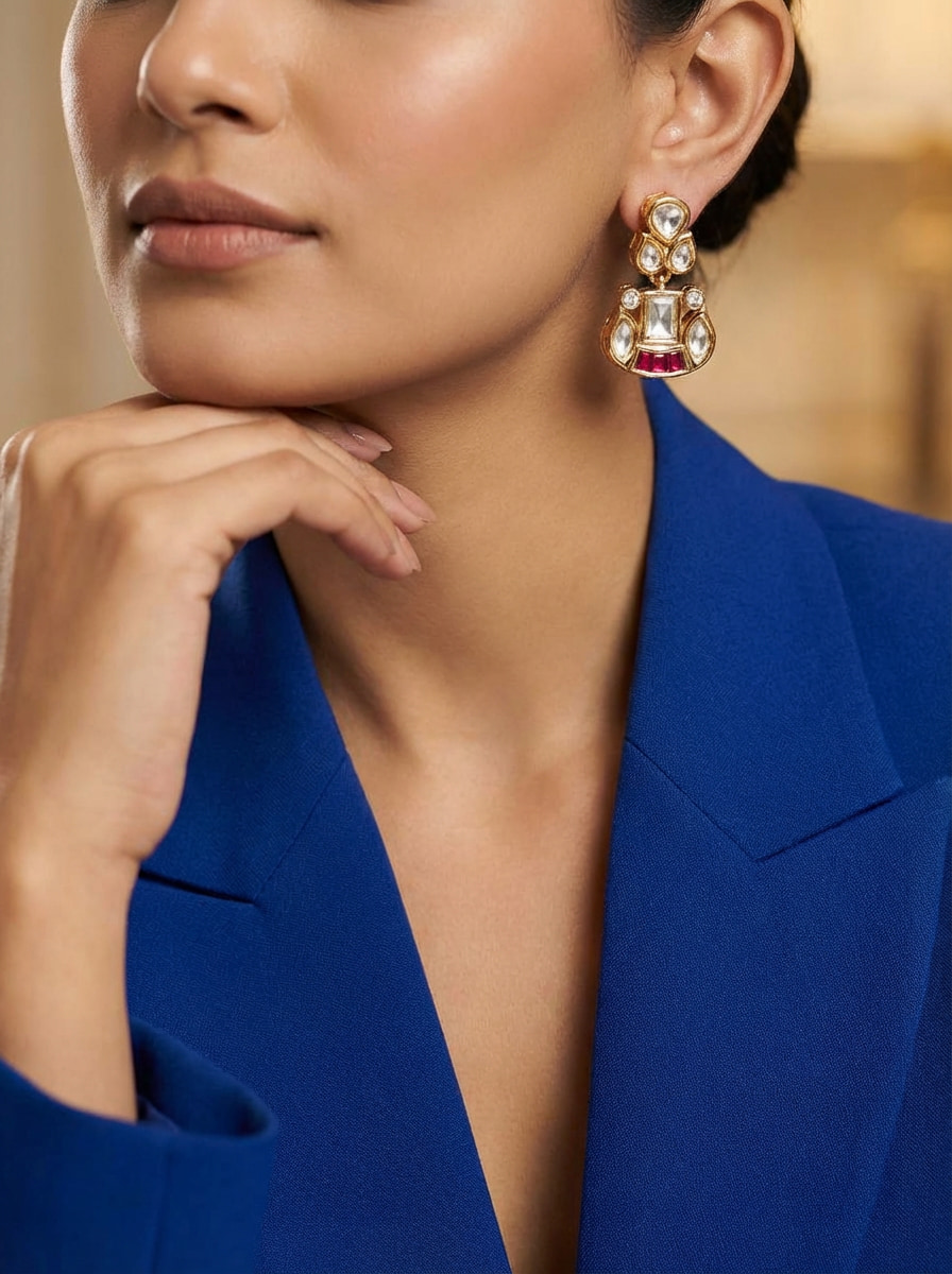 Handcrafted Vintage-Style Kundan & Ruby Drop Statement Earrings - Image 11