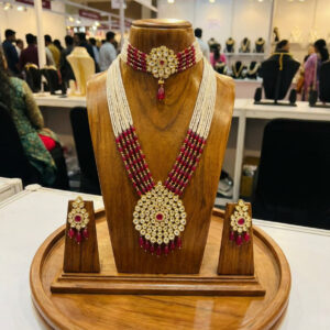 Empress Handcrafted Jadau Kundan Set – Layered Seed Pearl & Ruby Red Bead Necklace with Matching Choker & Earrings