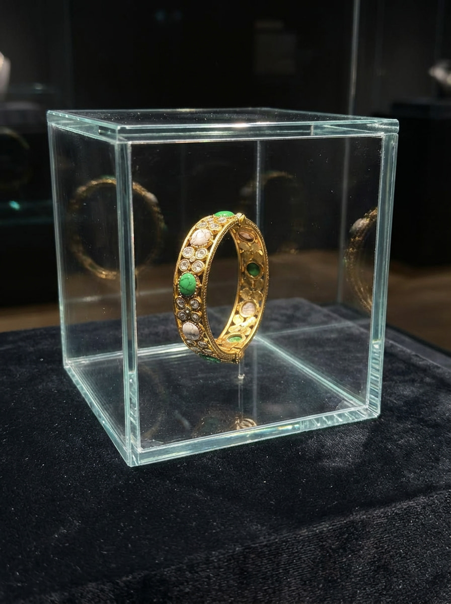 Handcrafted Royal Antique Gold Kada Bracelet with Green & Marbled Stones - Image 5
