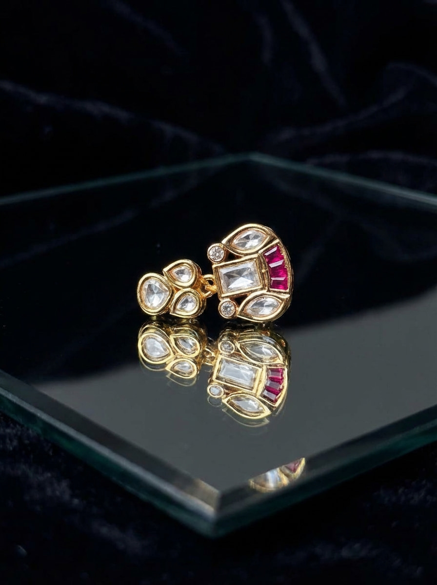 Handcrafted Vintage-Style Kundan & Ruby Drop Statement Earrings - Image 2