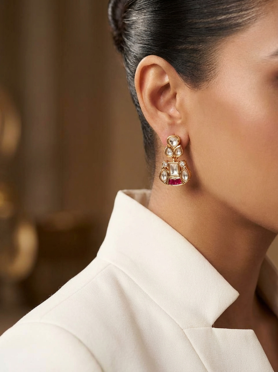 Handcrafted Vintage-Style Kundan & Ruby Drop Statement Earrings - Image 10