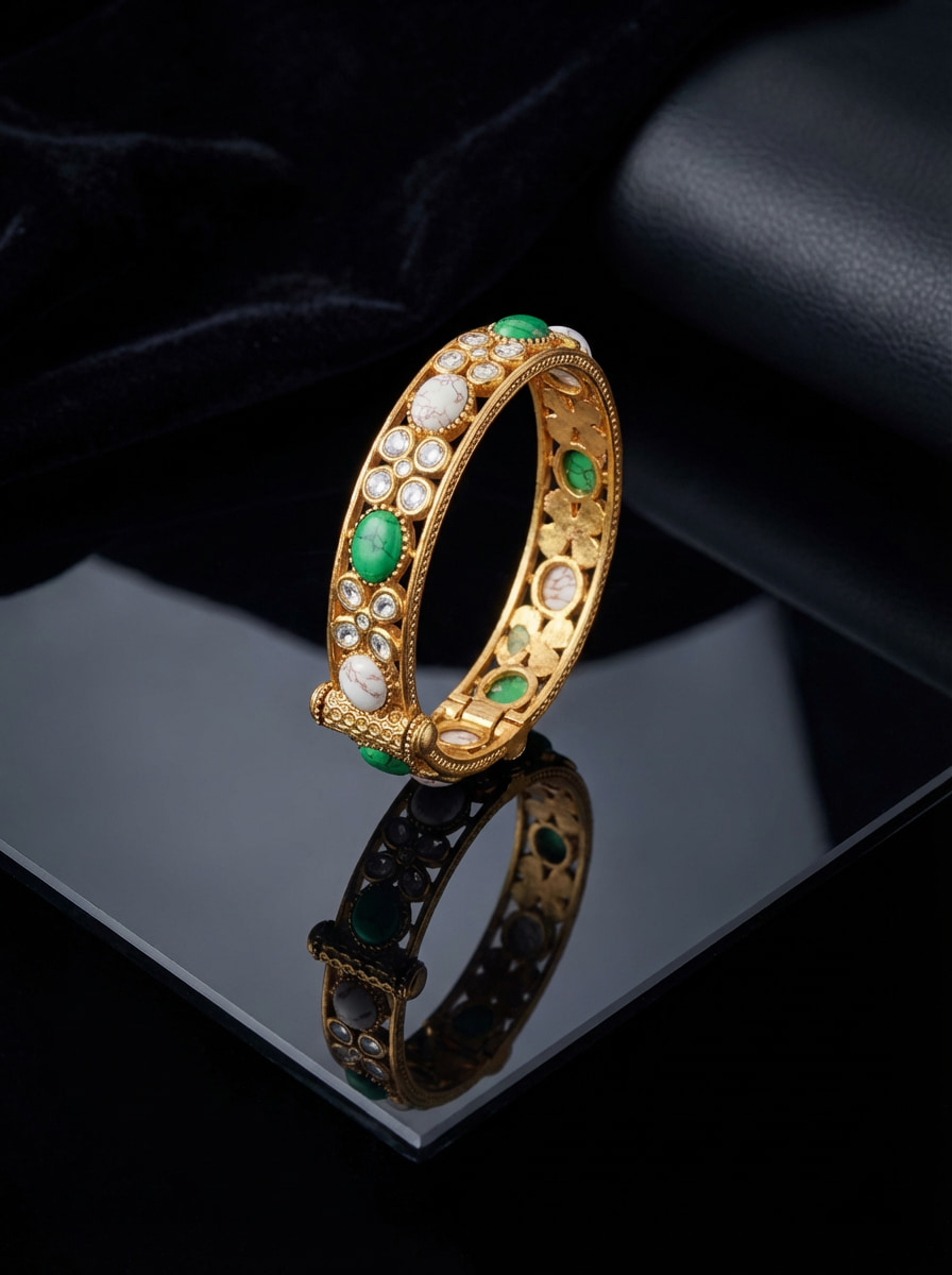 Handcrafted Royal Antique Gold Kada Bracelet with Green & Marbled Stones - Image 2