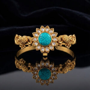 Handcrafted Floral Turquoise & Polki Peacock Kada Bracelet