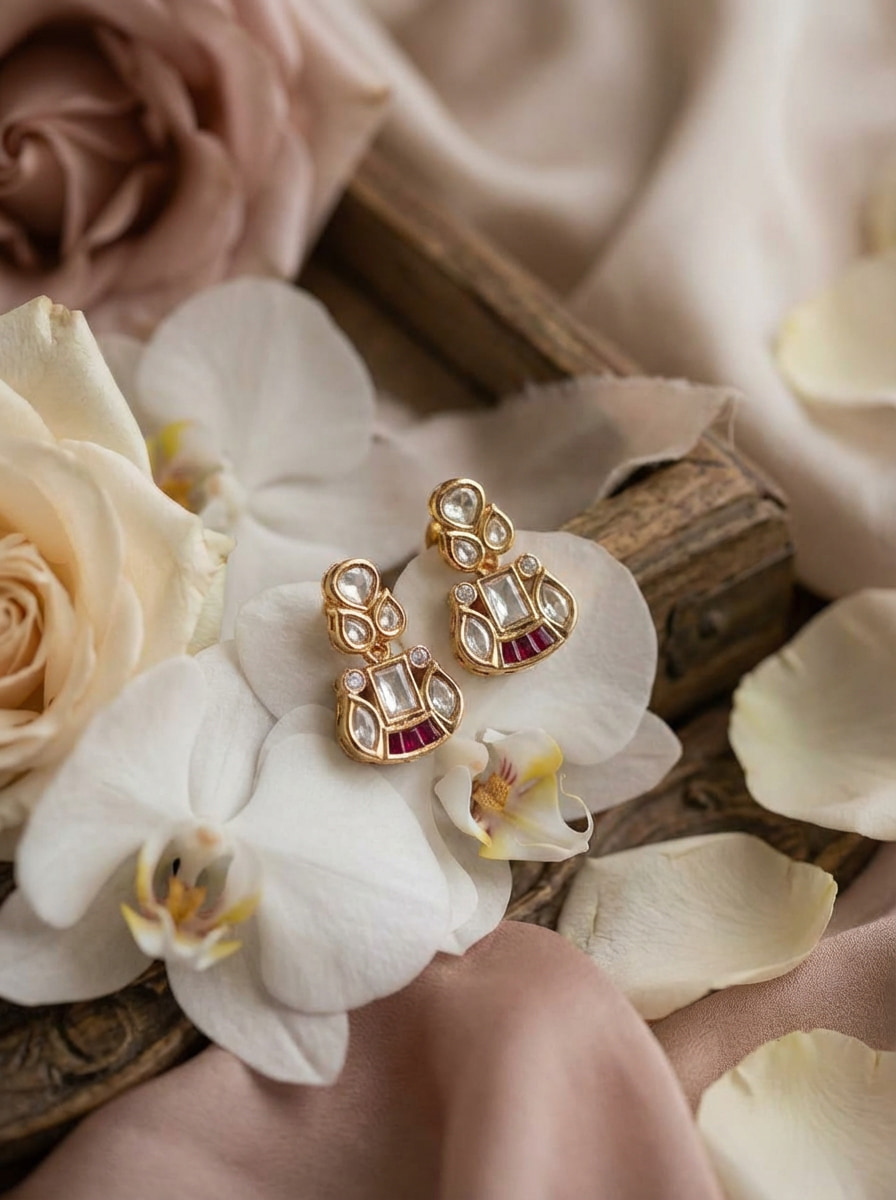 Handcrafted Vintage-Style Kundan & Ruby Drop Statement Earrings - Image 7
