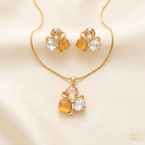 Trika Heritage Set — Citrine, Honey Cabochon & Crystal Cluster Pendant with Matching Earrings | Glamour Glitz